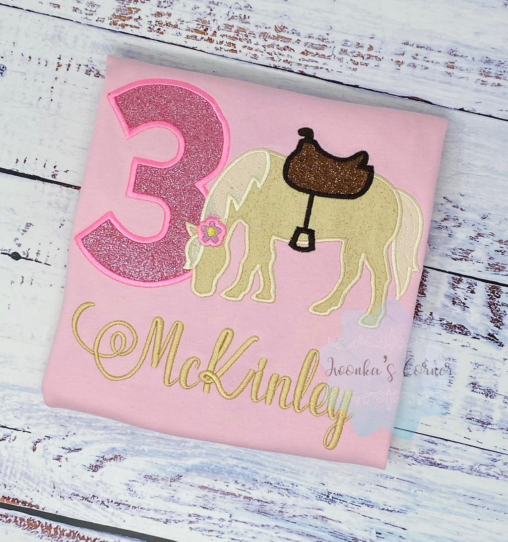 Girl 6th Birthday Shirt With Palomino Horse, Birthday Shirt with Ponny and Saddle, 4th, 6th 7th Horse Embroidery Birthday Shirt