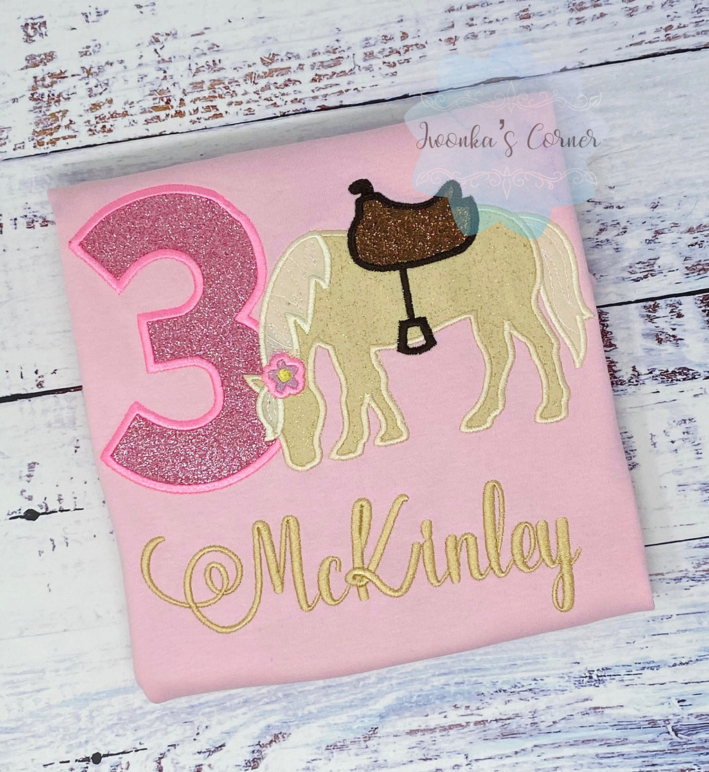 Girl 6th Birthday Shirt With Palomino Horse, Birthday Shirt with Ponny and Saddle, 4th, 6th 7th Horse Embroidery Birthday Shirt