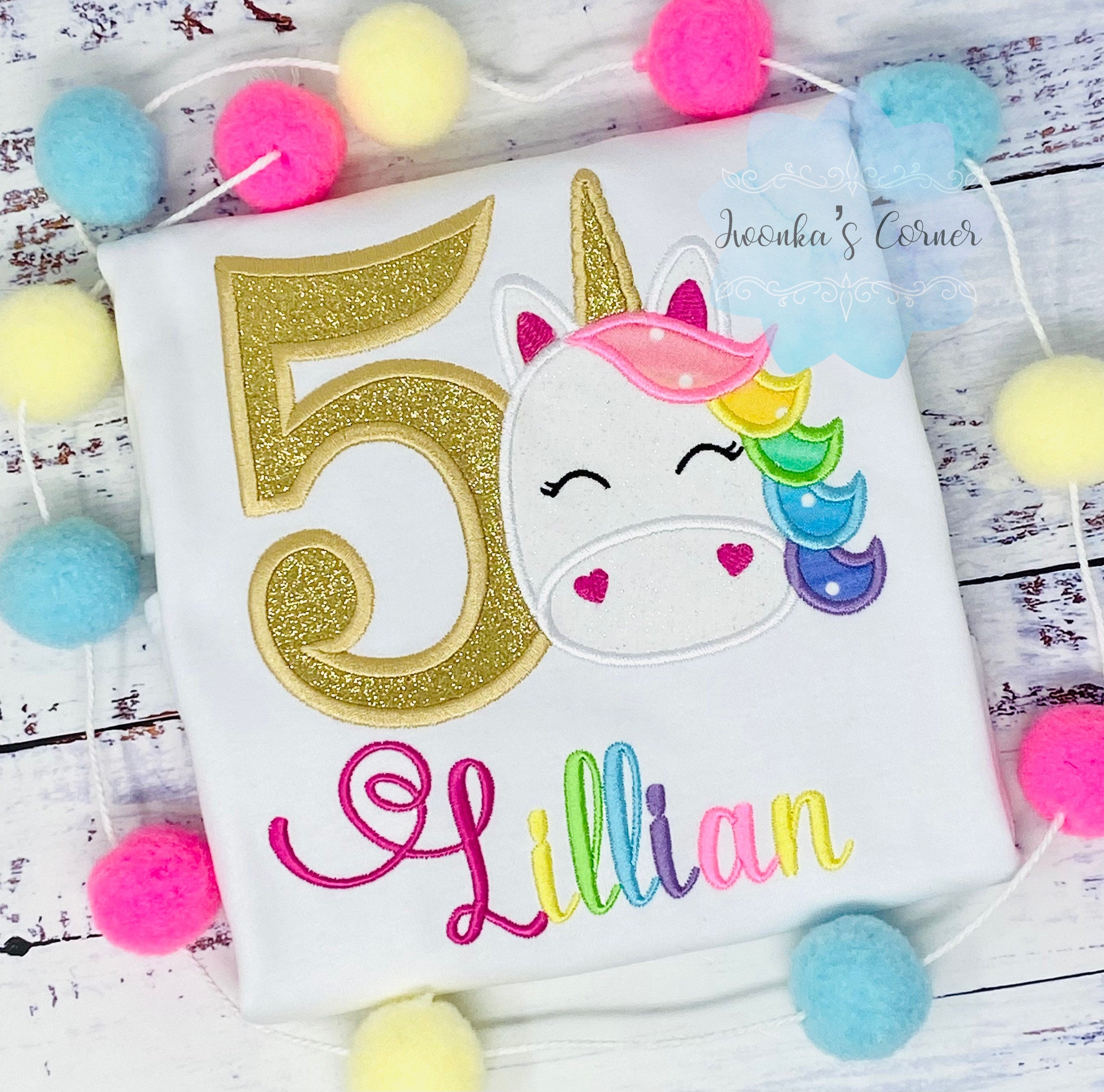 5th Birthday shirt with rainbow unicorn , Rainbow Name and gold number, Unicorn party, Unicorn outfit for a girl 2nd, 3rd, 4th birthday