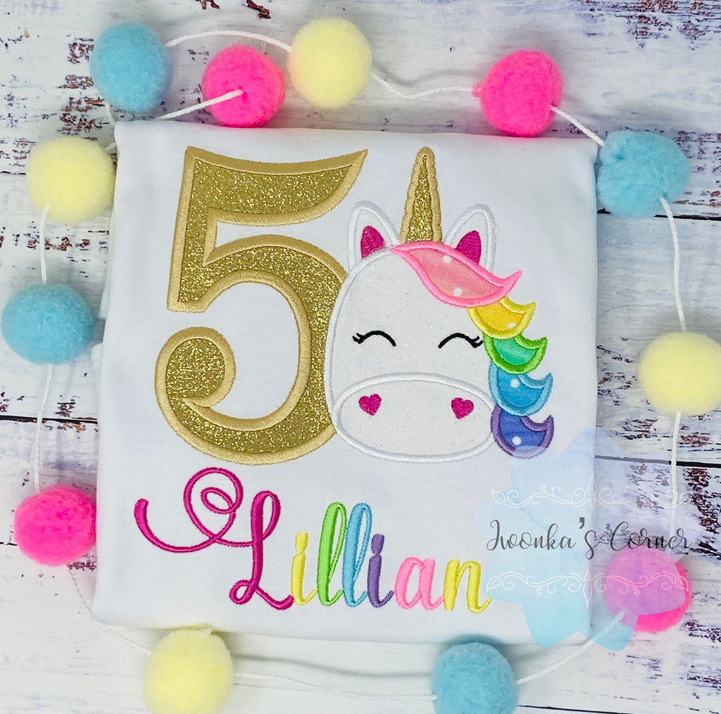 5th Birthday shirt with rainbow unicorn , Rainbow Name and gold number, Unicorn party, Unicorn outfit for a girl 2nd, 3rd, 4th birthday