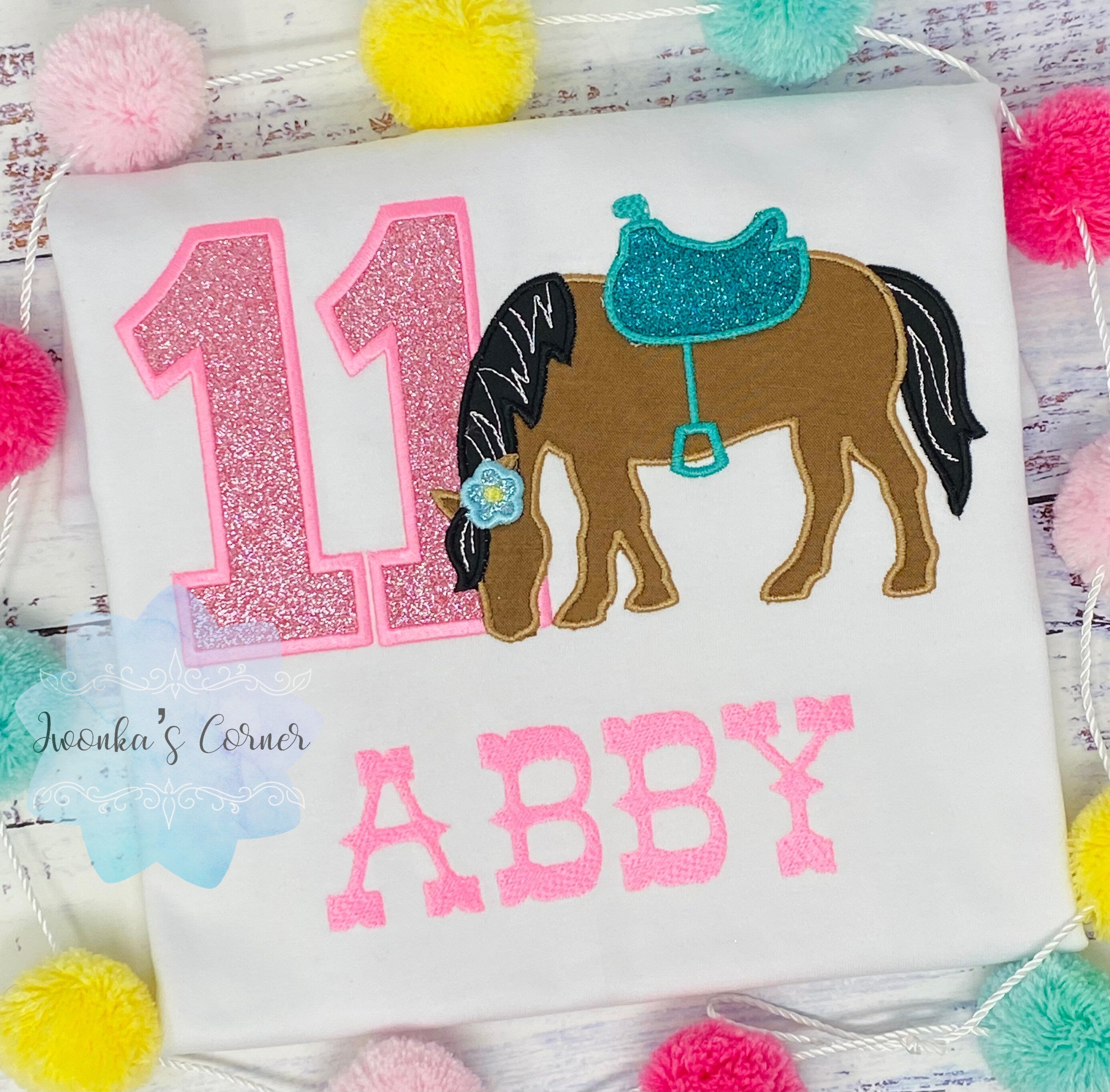Girl 11th Birthday Shirt With Bay Horse, Birthday Shirt with Brown Horse and Saddle, 4th, 5th, 6th 7th Birthday Shirt with a Pony