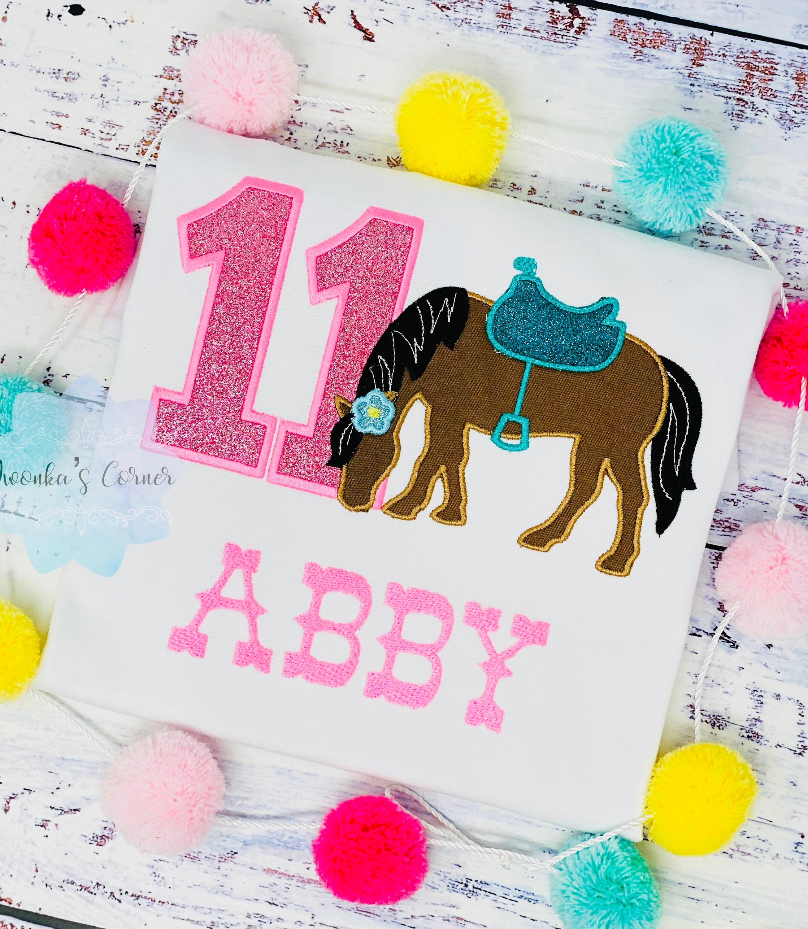 Girl 11th Birthday Shirt With Bay Horse, Birthday Shirt with Brown Horse and Saddle, 4th, 5th, 6th 7th Birthday Shirt with a Pony