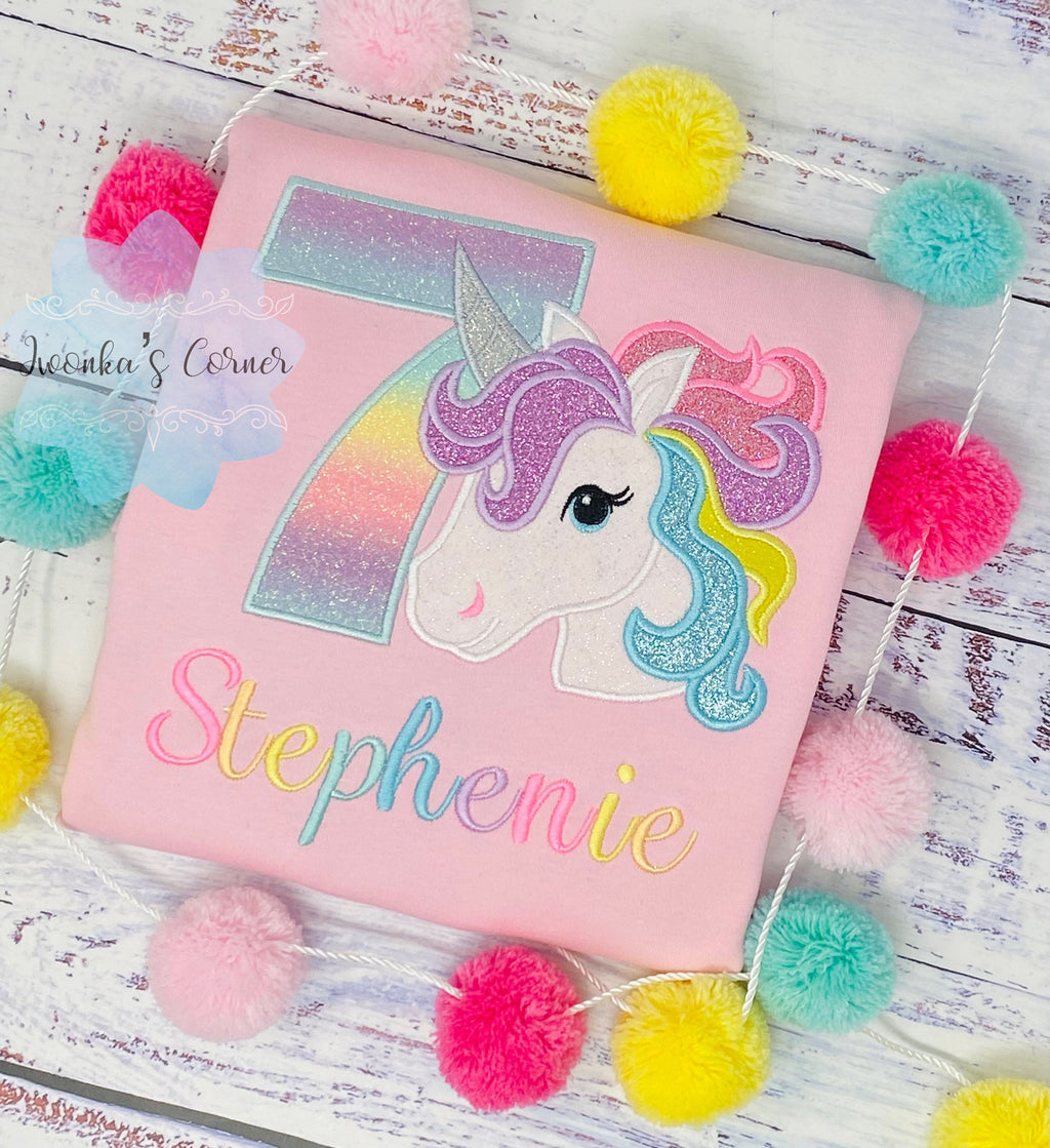 Girl 7th Birthday Shirt with Unicorn, 7th Birthday Pastel Unicorn Shirt, Unicorn birthday, Rainbow Unicorn outfit, Unicorn embroidery