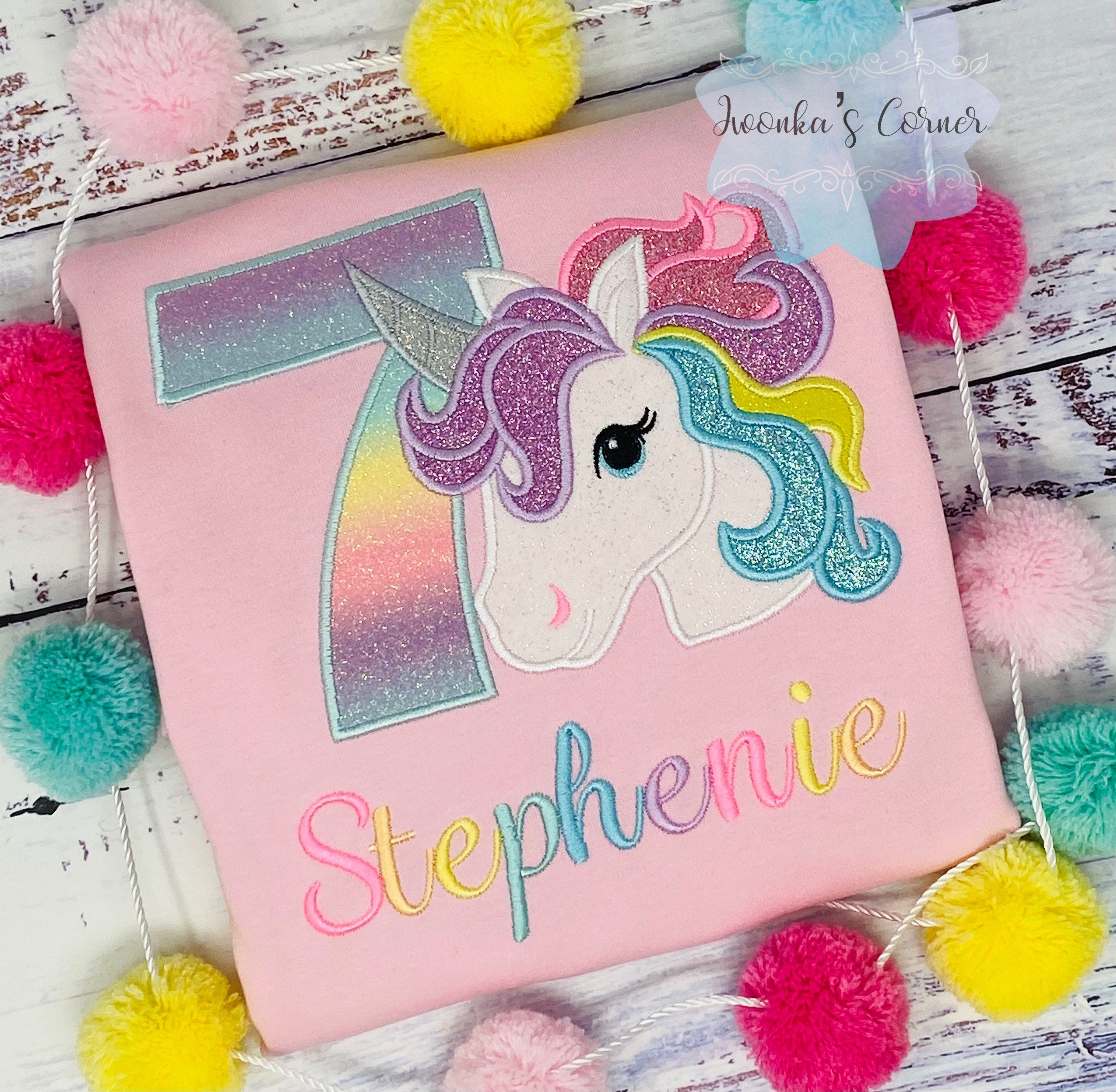 Girl 7th Birthday Shirt with Unicorn, 7th Birthday Pastel Unicorn Shirt, Unicorn birthday, Rainbow Unicorn outfit, Unicorn embroidery