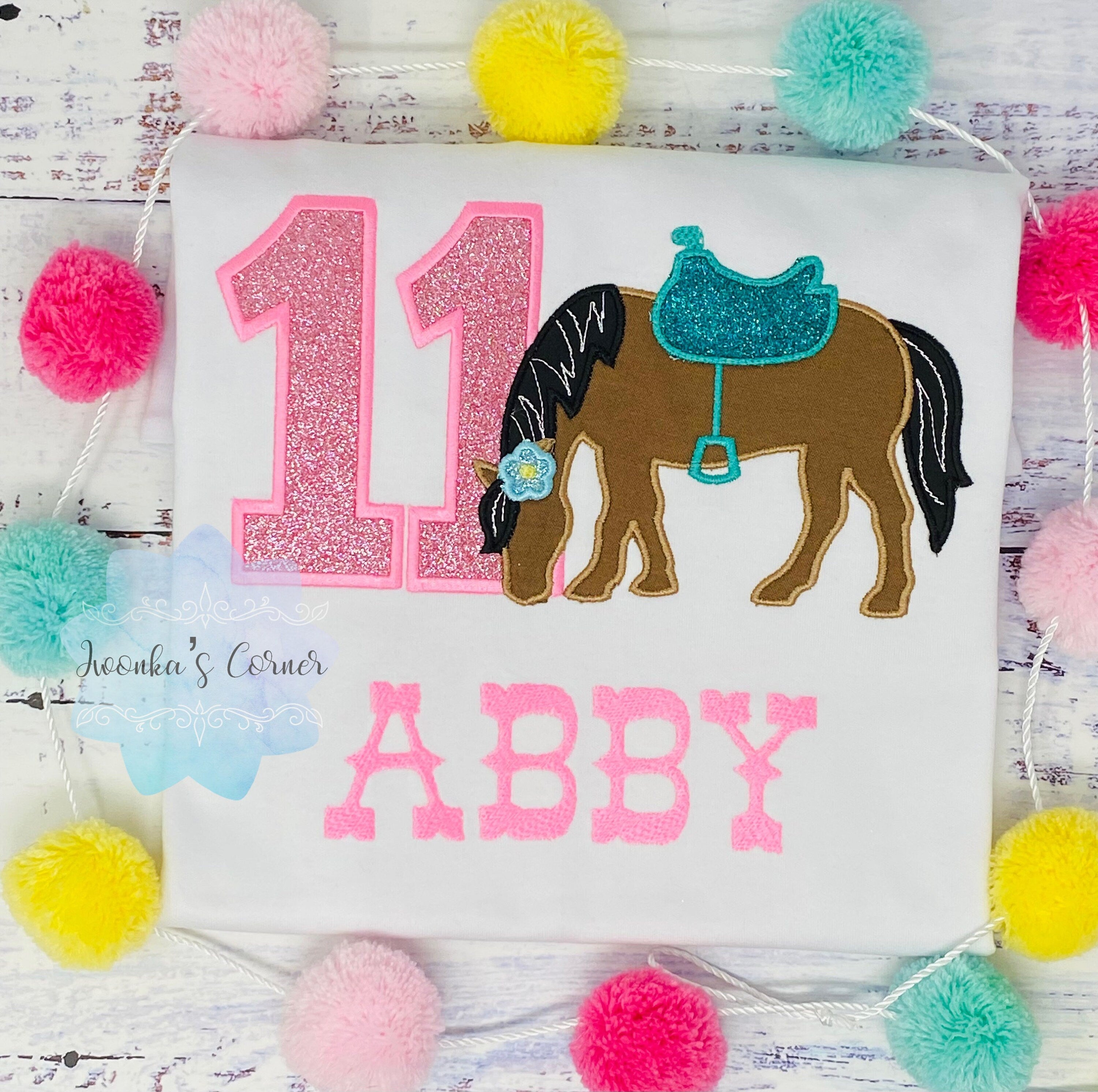 Girl 11th Birthday Shirt With Bay Horse, Birthday Shirt with Brown Horse and Saddle, 4th, 5th, 6th 7th Birthday Shirt with a Pony