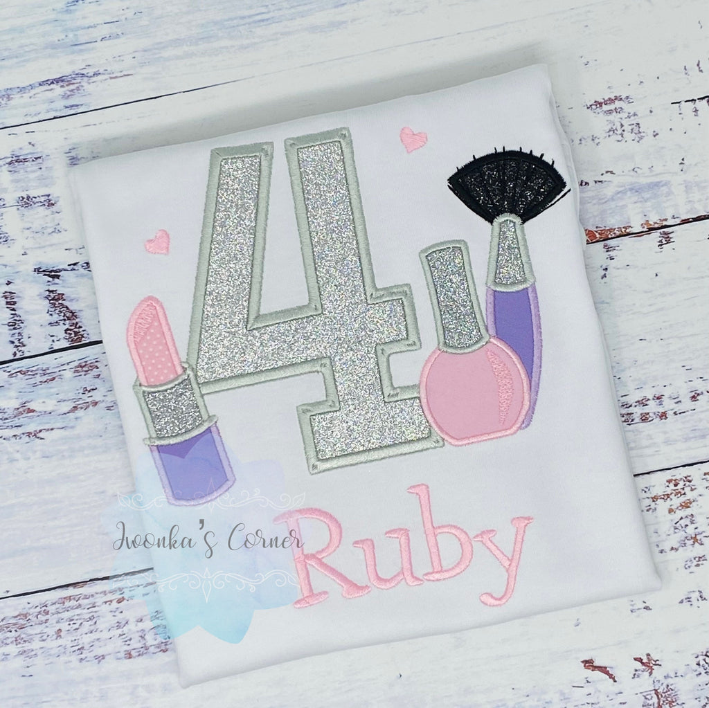Girl 4th Shirt with Make up, Outfit, Nail Polish, Birthday Shirt, Silver Birthday Number, Lipstick, Brush, Make up Birthday Party, Any age