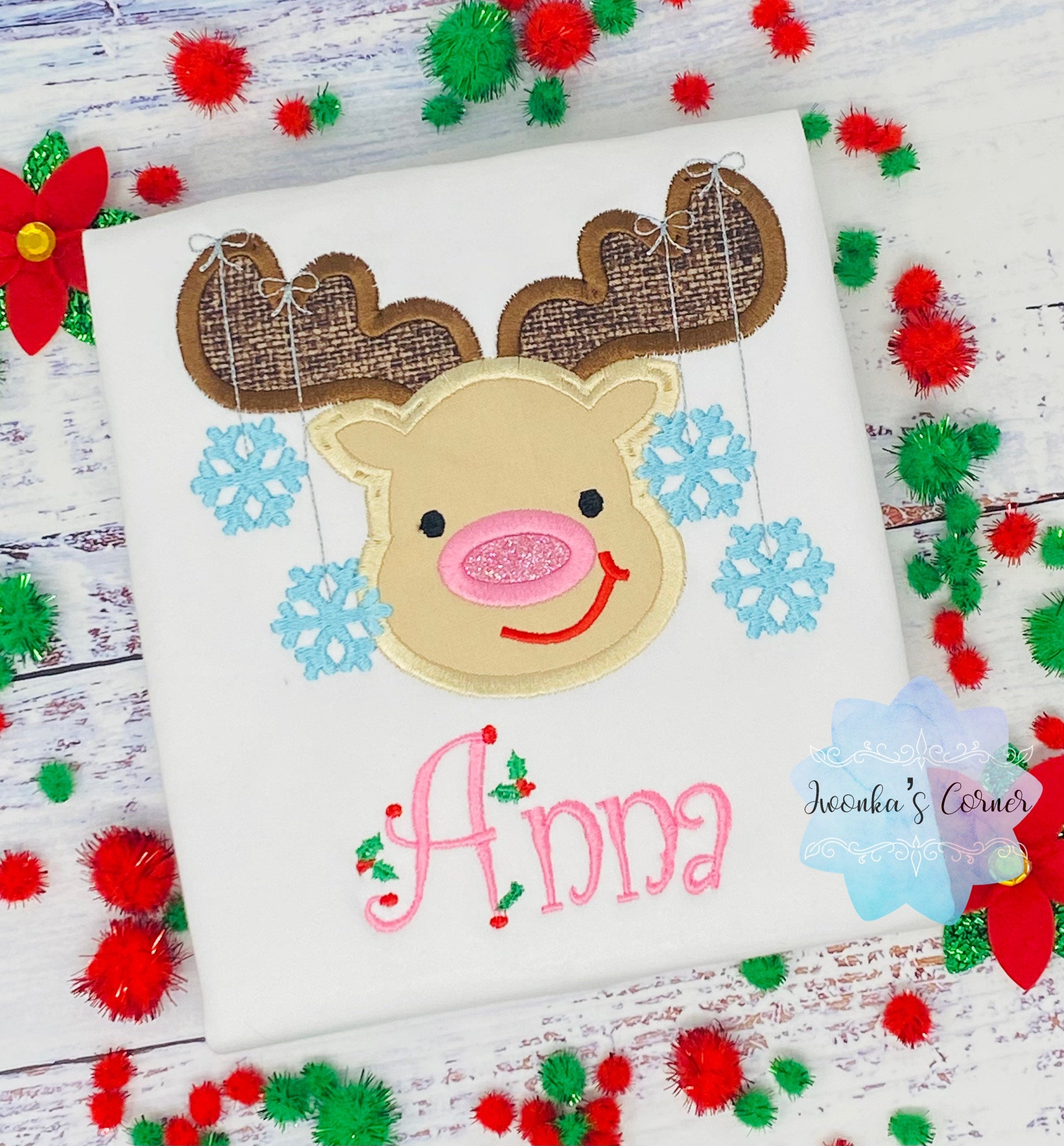 Girl Christmas Gift Shirt with Reindeer, Custom Christmas embroidery
