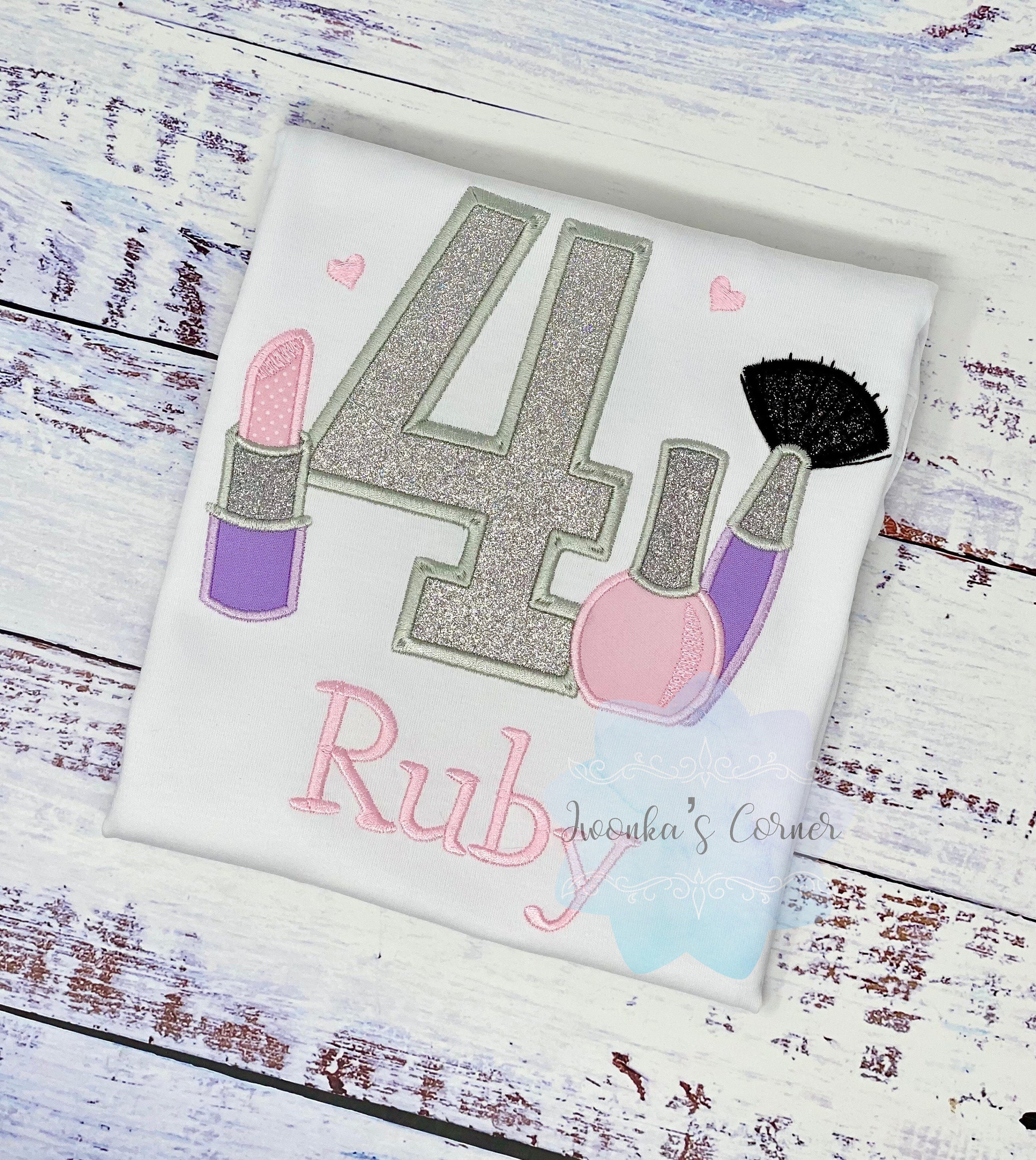 Girl 4th Shirt with Make up, Outfit, Nail Polish, Birthday Shirt, Silver Birthday Number, Lipstick, Brush, Make up Birthday Party, Any age