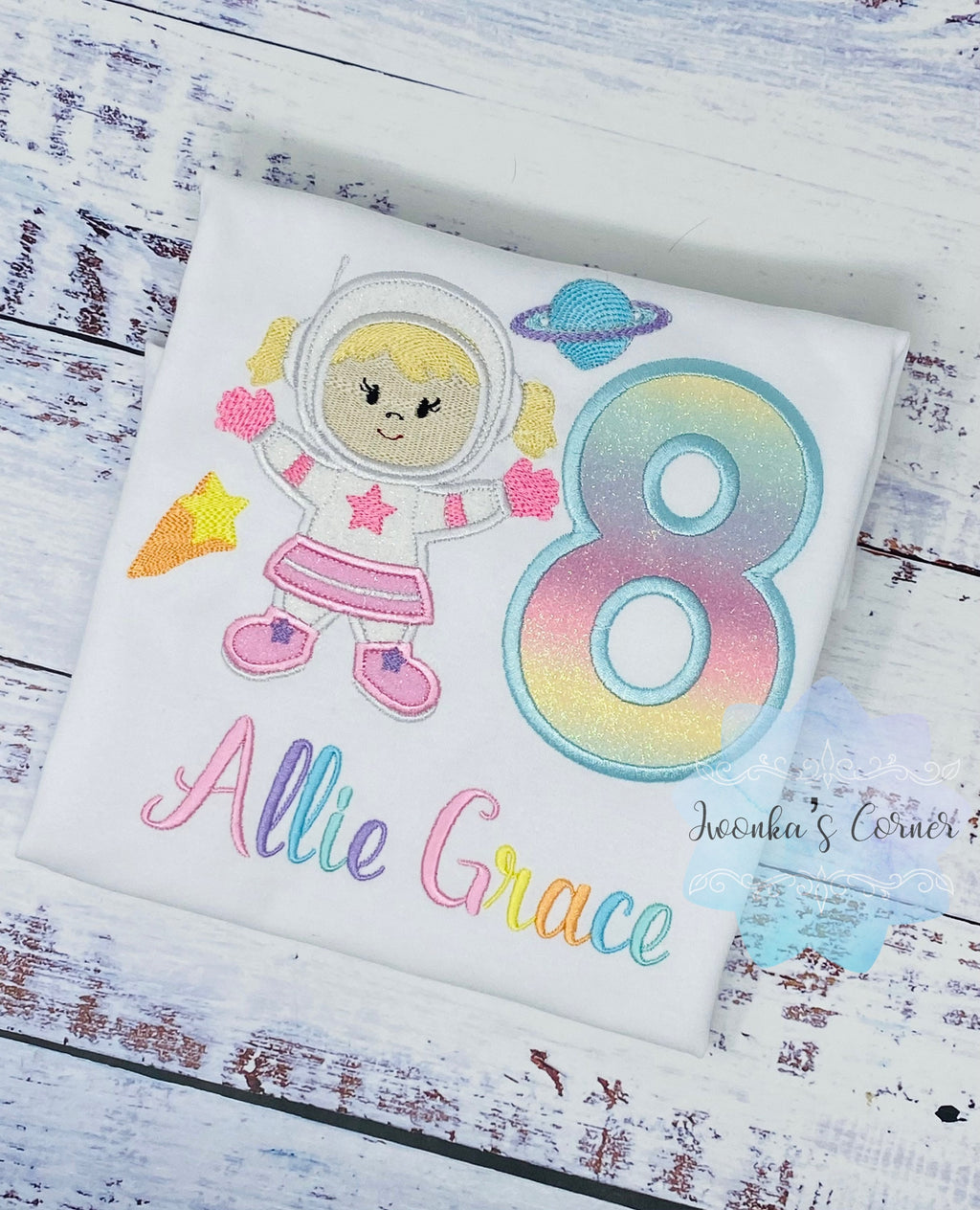 Girl 8th pastel Astronaut Shirt, Astronaut Birthday Party, T-shirt With Planet, Astronaut Girl Birthday T-Shirt, Any age