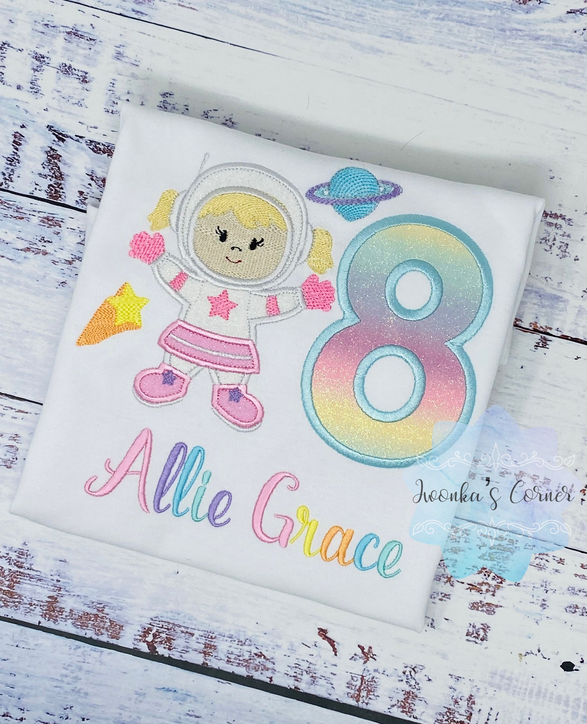 Girl 8th pastel Astronaut Shirt, Astronaut Birthday Party, T-shirt With Planet, Astronaut Girl Birthday T-Shirt, Any age
