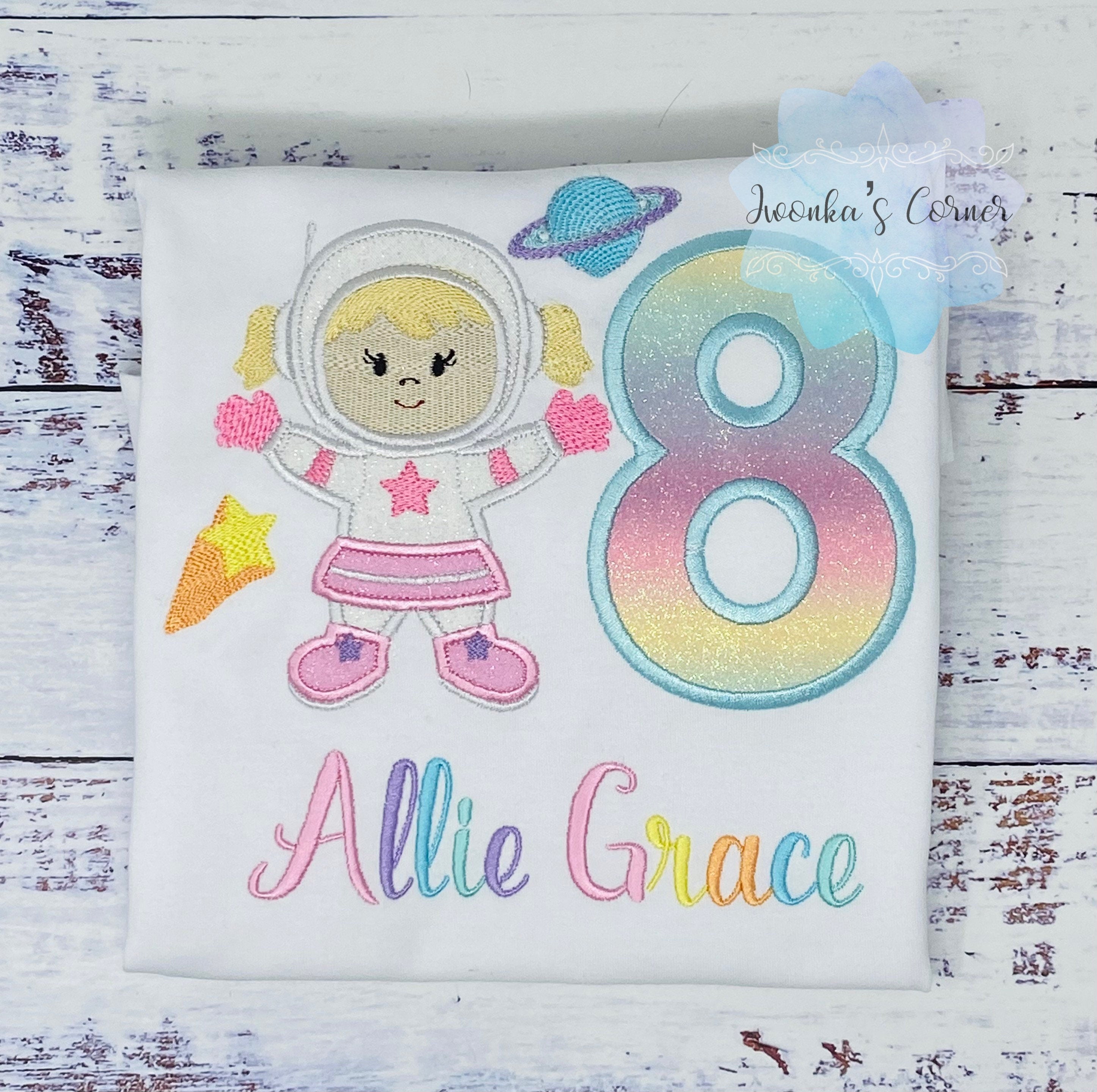 Girl 8th pastel Astronaut Shirt, Astronaut Birthday Party, T-shirt With Planet, Astronaut Girl Birthday T-Shirt, Any age