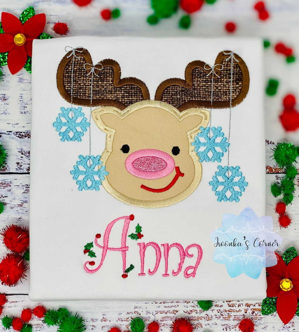 Girl Christmas Gift Shirt with Reindeer, Custom Christmas embroidery