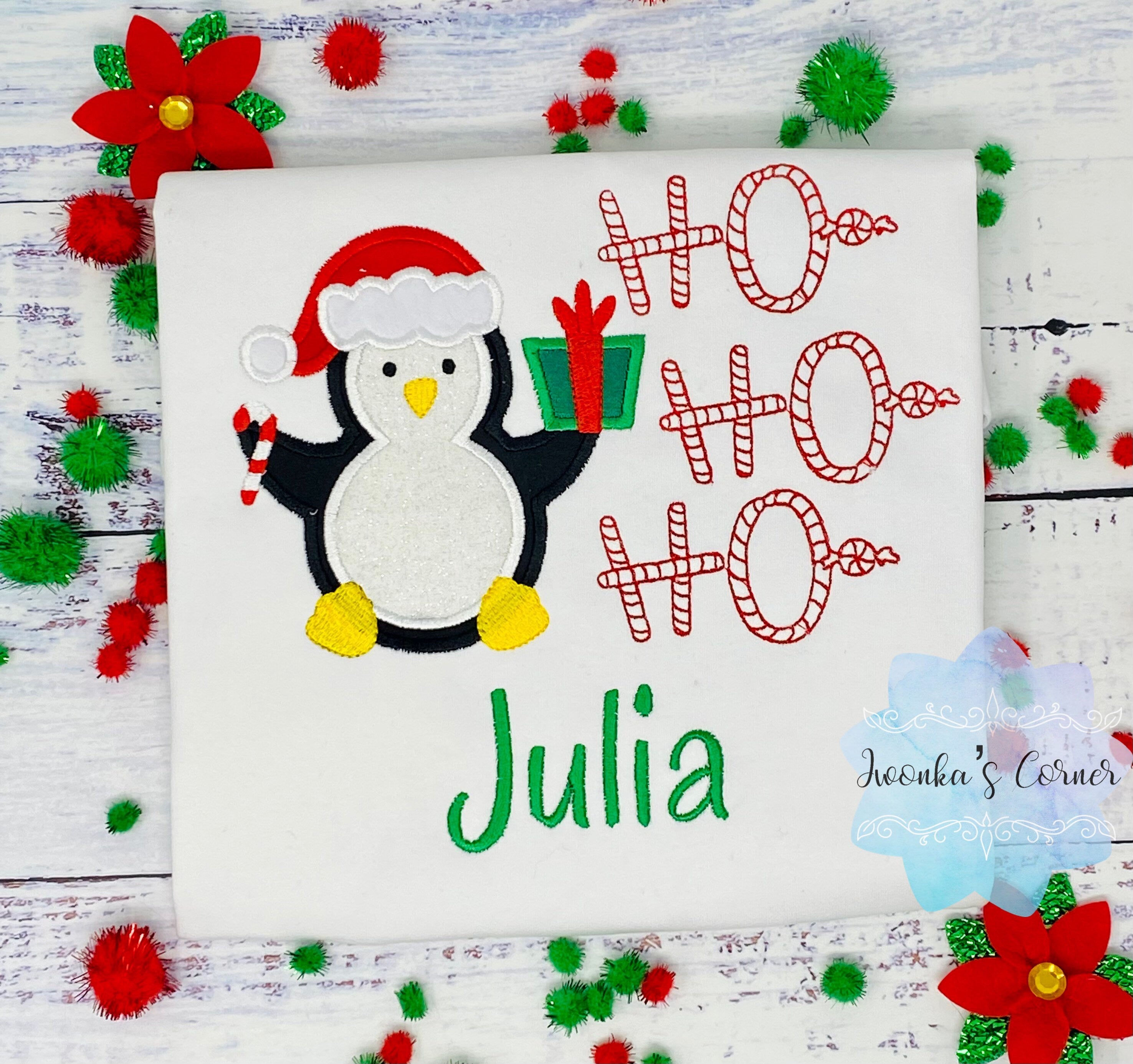 Girl Christmas Gift Shirt with Penguin, Custom Christmas embroidery, Christmas gift