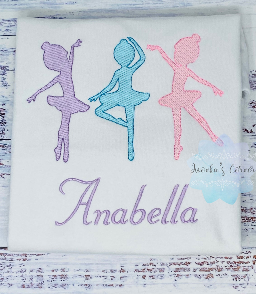 Girl shirt with ballerinas, Embroidered Dancing ballerina tee, Shirt for a dancer