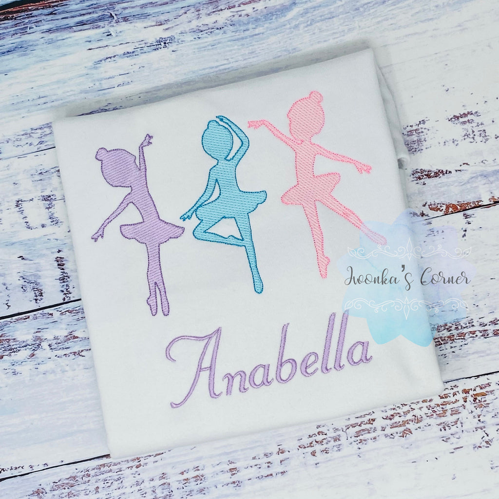 Girl shirt with ballerinas, Embroidered Dancing ballerina tee, Shirt for a dancer