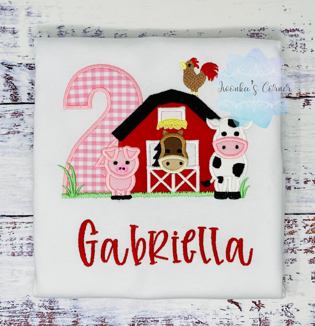 Girl or boy Barnyard Birthday Farm Shirt with farm animals, Barn embroidery, Personalized Barn animals shirt, Pink gingham, Any age
