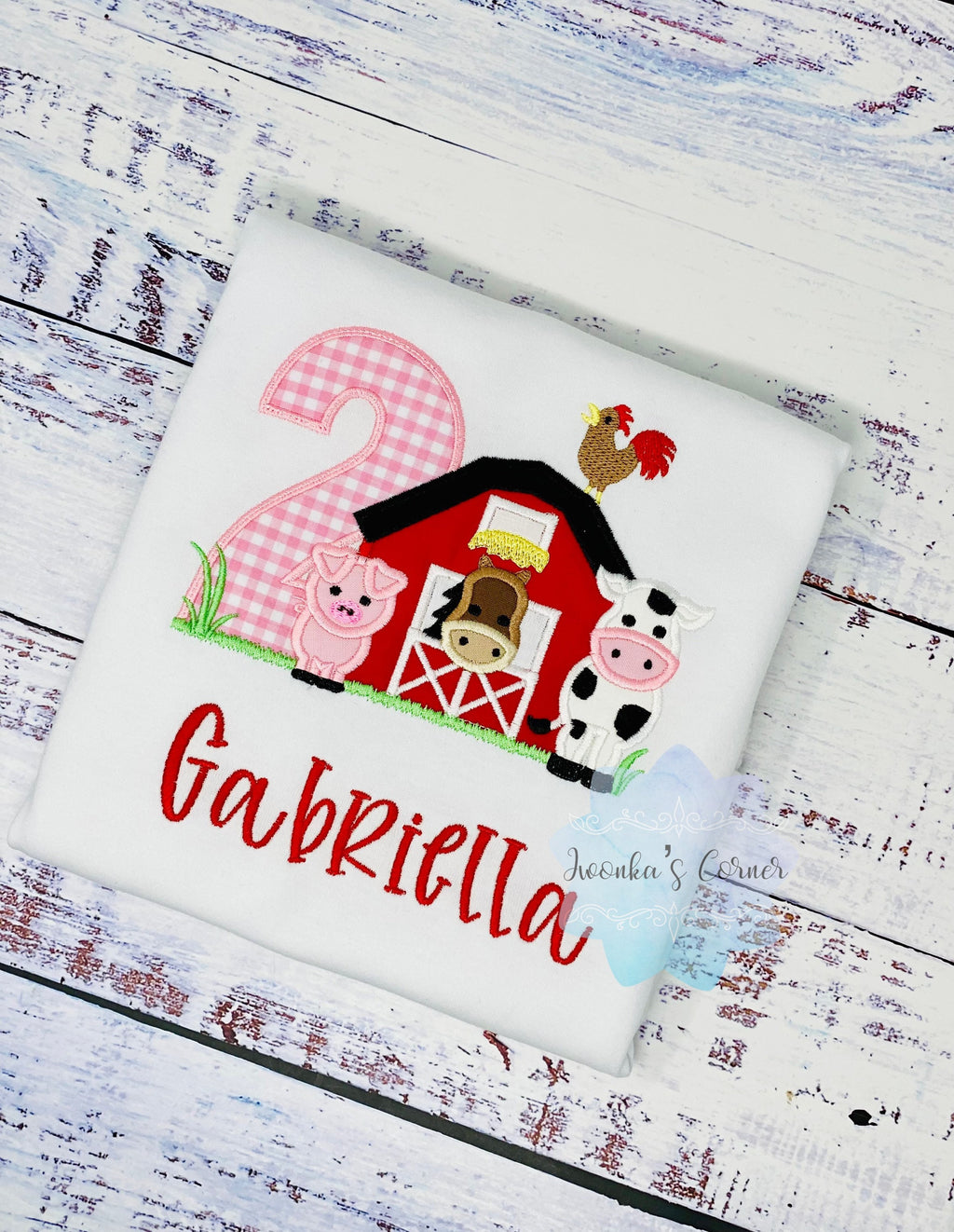 Girl or boy Barnyard Birthday Farm Shirt with farm animals, Barn embroidery, Personalized Barn animals shirt, Pink gingham, Any age
