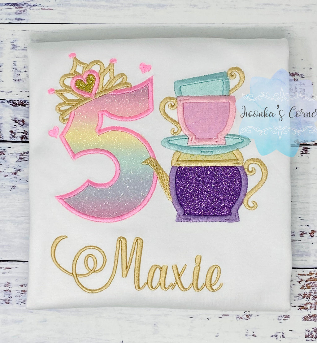 Girl Tea Party Birthday Shirt, 5th 4th 3rd birthday Tea party shirt, Birthday outfit with tea party embroidery