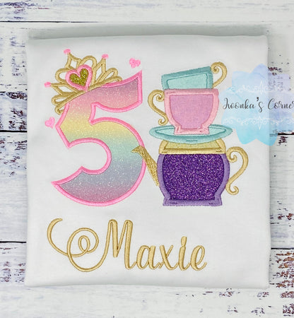 Girl Tea Party Birthday Shirt, 5th 4th 3rd birthday Tea party shirt, Birthday outfit with tea party embroidery