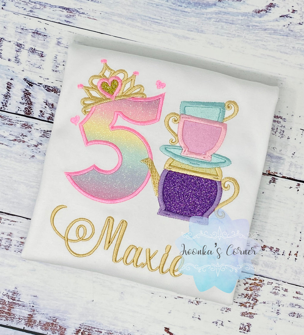 Girl Tea Party Birthday Shirt, 5th 4th 3rd birthday Tea party shirt, Birthday outfit with tea party embroidery