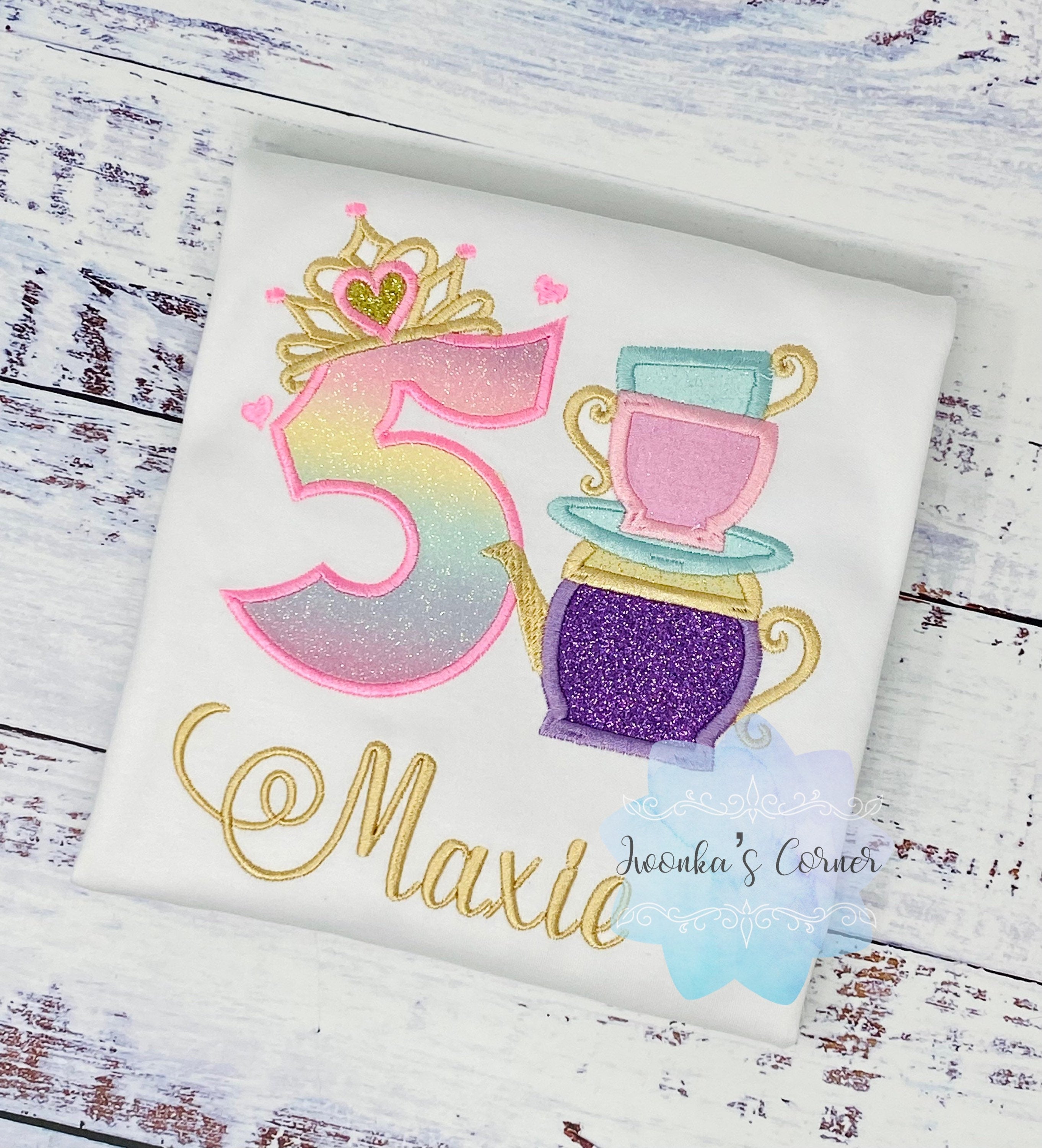 Girl Tea Party Birthday Shirt, 5th 4th 3rd birthday Tea party shirt, Birthday outfit with tea party embroidery