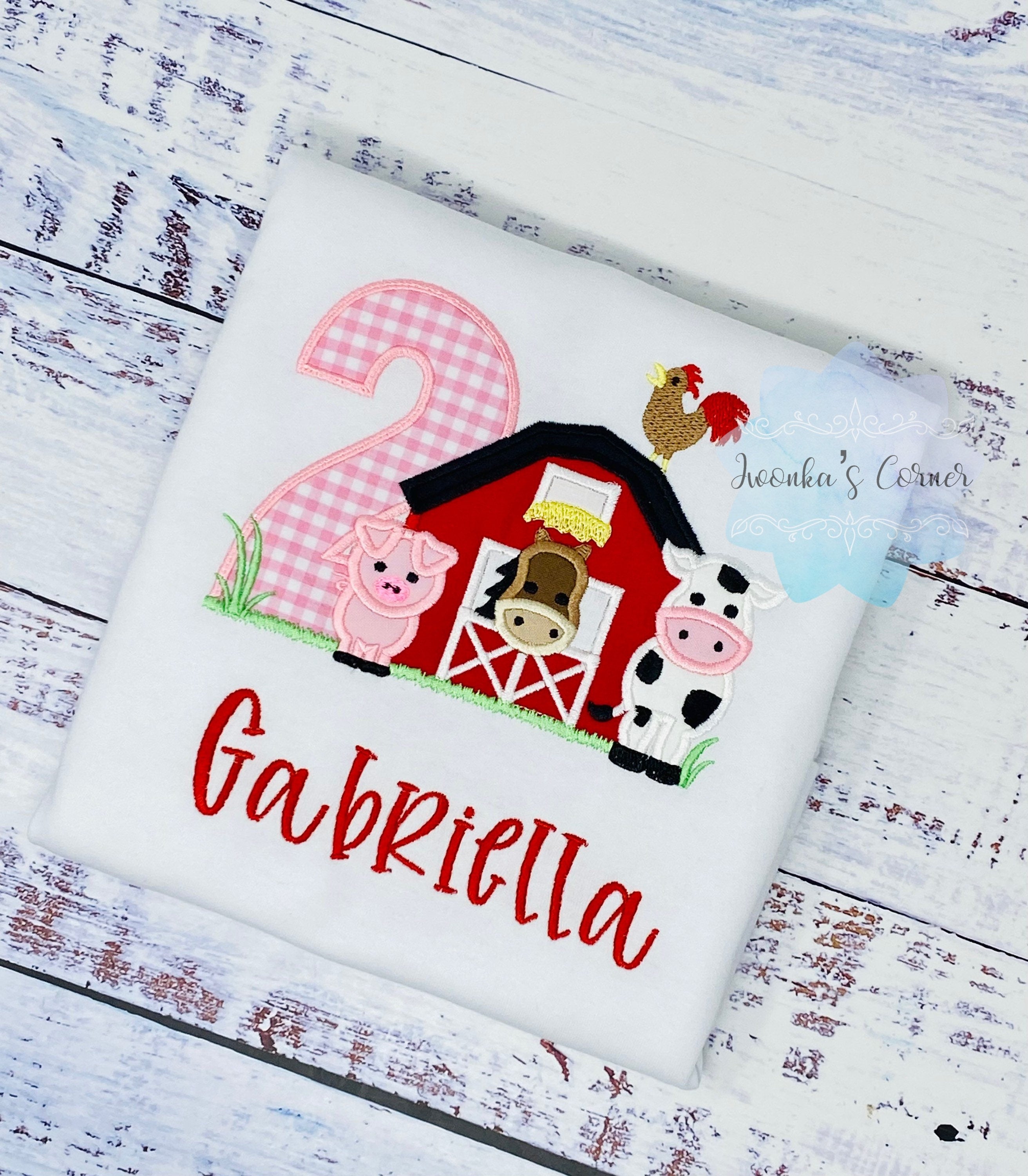 Girl or boy Barnyard Birthday Farm Shirt with farm animals, Barn embroidery, Personalized Barn animals shirt, Pink gingham, Any age