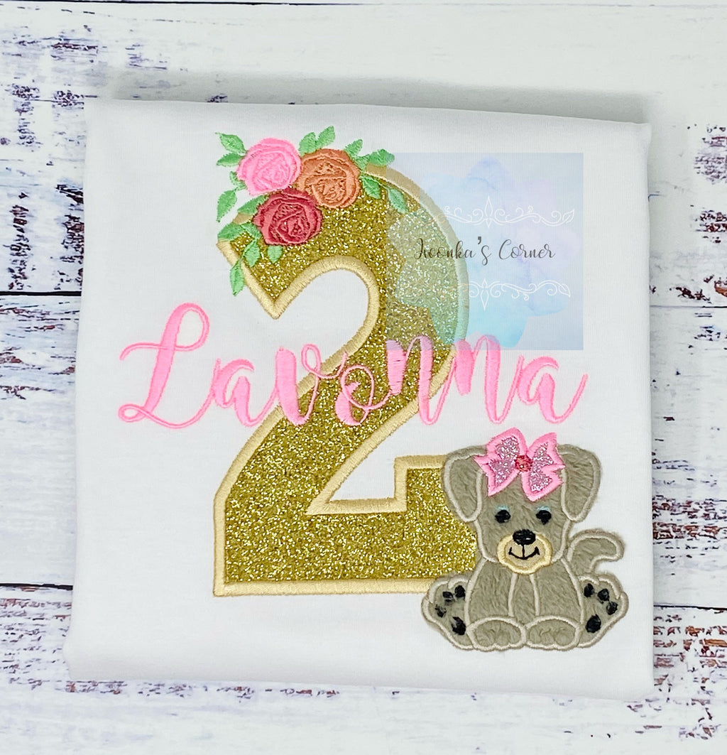 2nd Birthday Shirt for Girl, Floral Mini Rose Birthday T-Shirt, Number with Flower and Puppy, Any Age