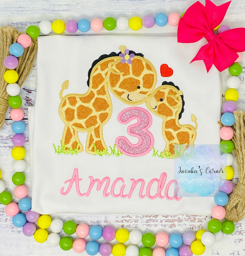 Girl 3rd birthday Safari Shirt, Embroidery Applique with Giraffes, T-shirt with Giraffe , Age 1-9