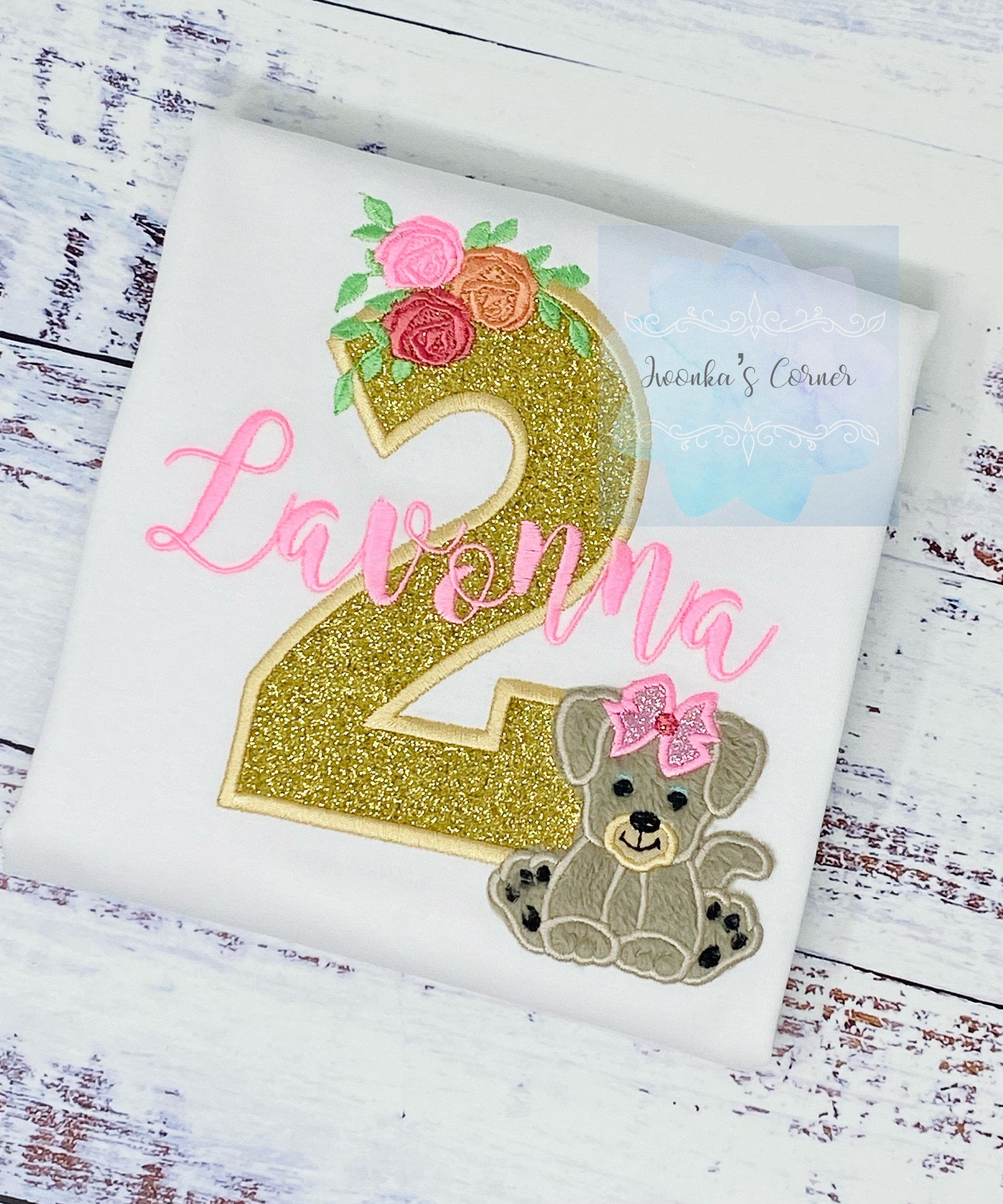 2nd Birthday Shirt for Girl, Floral Mini Rose Birthday T-Shirt, Number with Flower and Puppy, Any Age