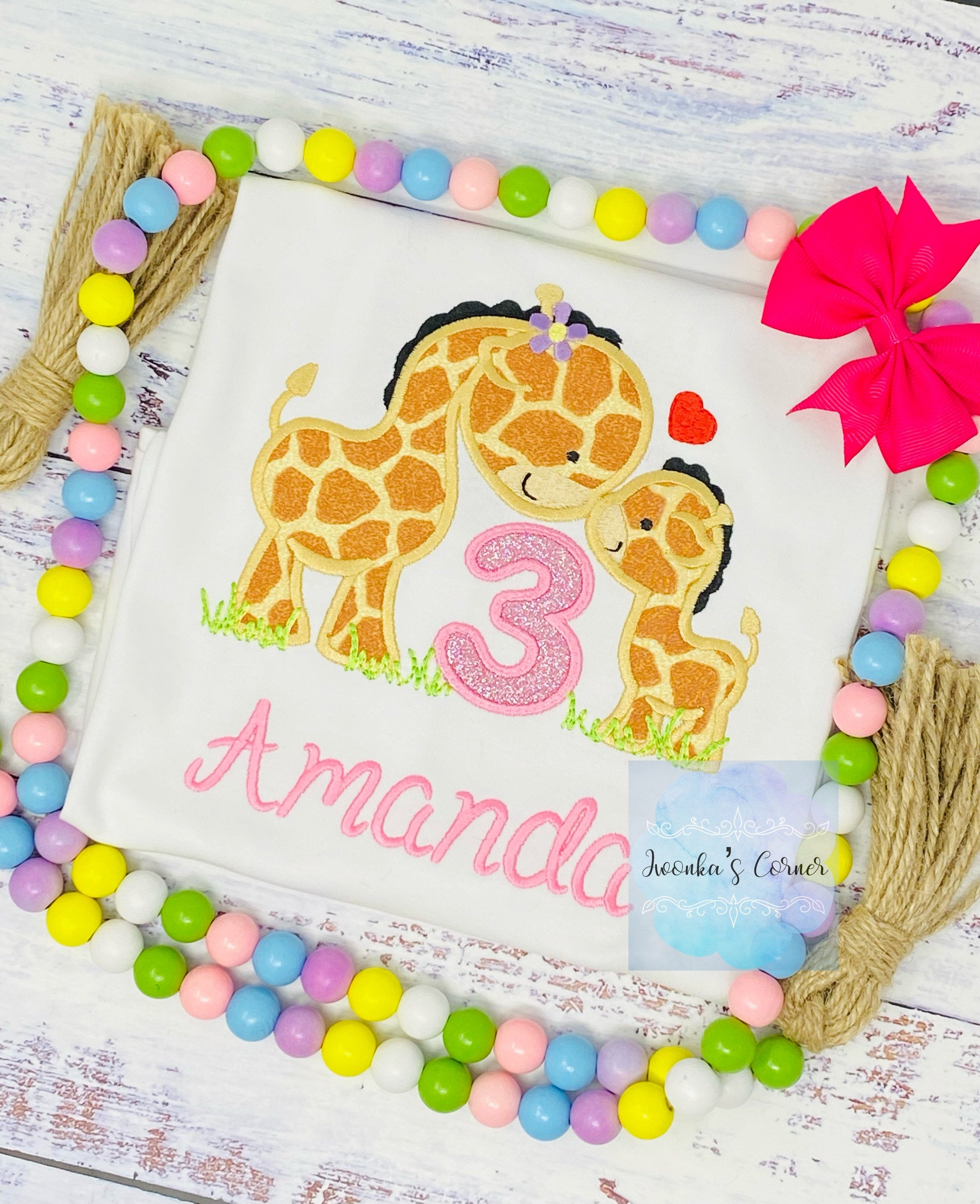 Girl 3rd birthday Safari Shirt, Embroidery Applique with Giraffes, T-shirt with Giraffe , Age 1-9