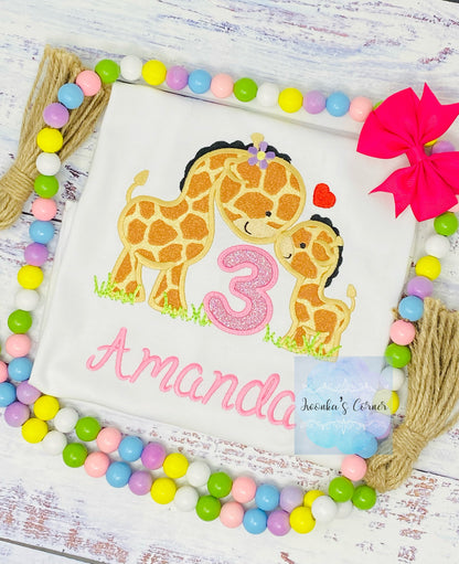 Girl 3rd birthday Safari Shirt, Embroidery Applique with Giraffes, T-shirt with Giraffe , Age 1-9