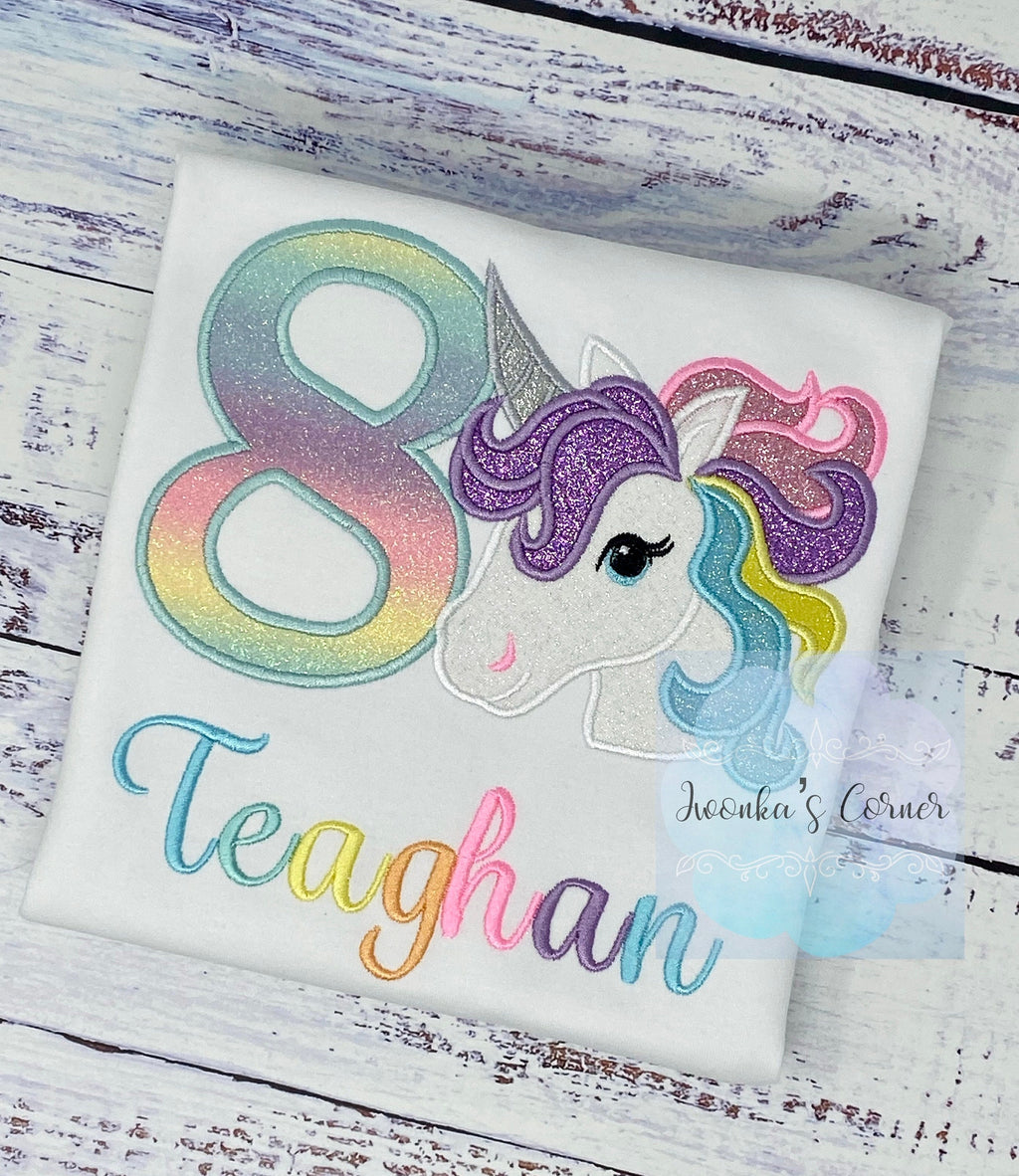 8th Birthday Pastel Unicorn Shirt, Girl Rainbow Pastel Uni Themed Party , Unicorn birthday, Rainbow Unicorn outfit, Unicorn embroidery