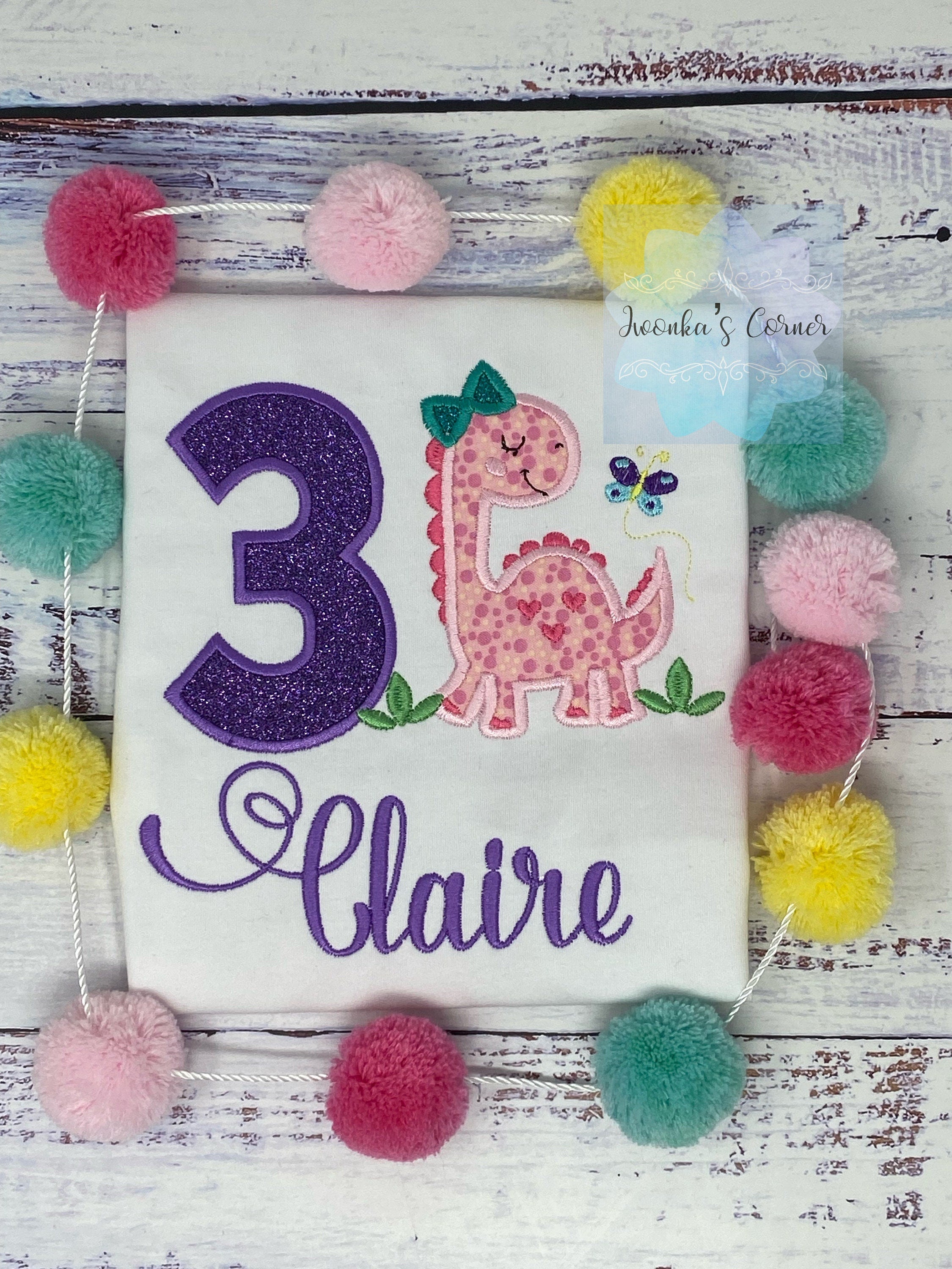 Girls Dinosaur Birthday Shirt, Applique and Embroidery Dino Shirt, Monogrammed T-shirt, Child's Birthday Shirt, Dinosaur Party Shirt