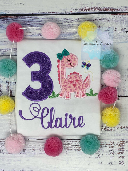 Girls Dinosaur Birthday Shirt, Applique and Embroidery Dino Shirt, Monogrammed T-shirt, Child's Birthday Shirt, Dinosaur Party Shirt