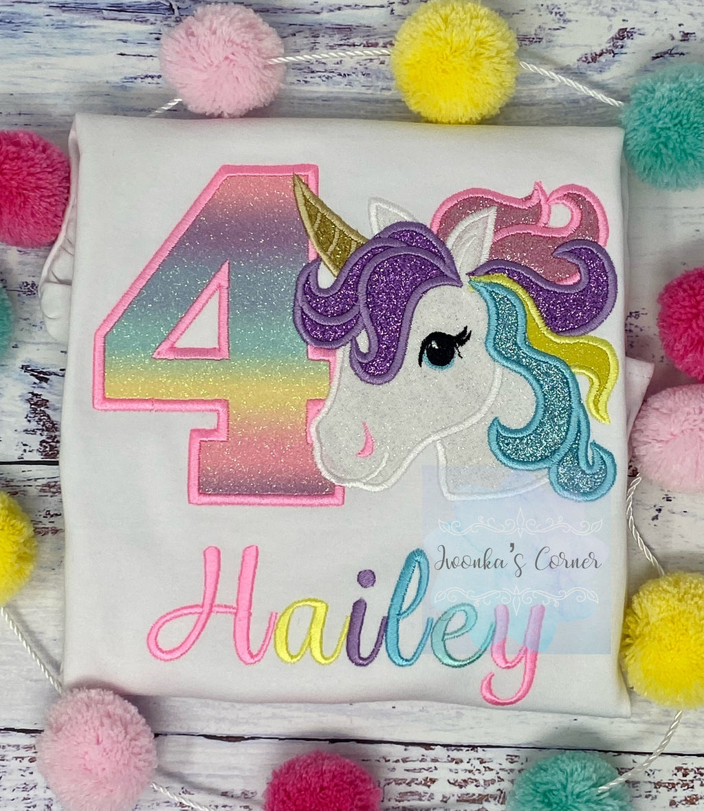 4th Birthday Pastel Unicorn Shirt, Girl Rainbow Pastel Unicorn Birthday, Gold Horn Unicorn birthday, Rainbow Unicorn, Unicorn embroidery