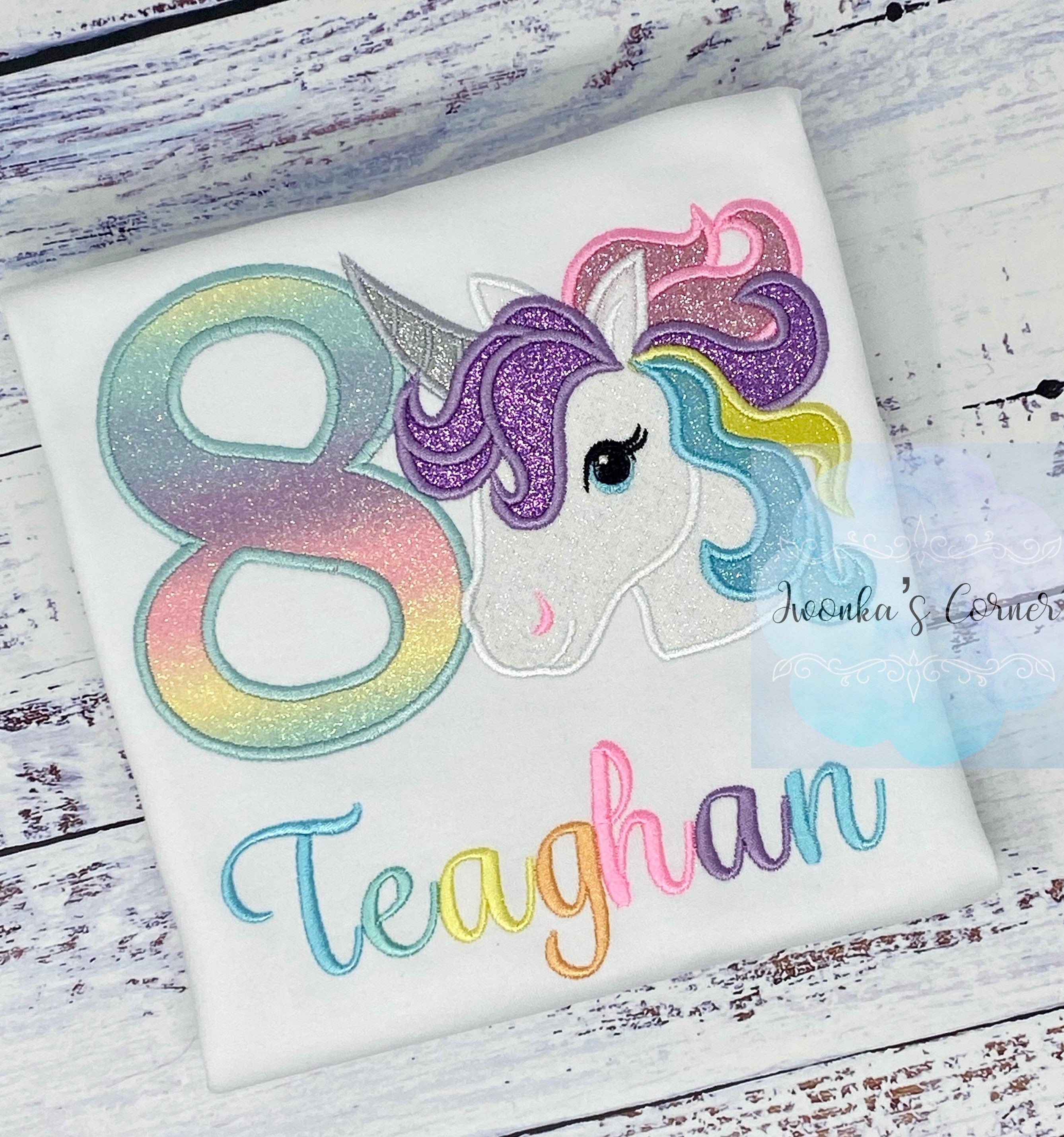 8th Birthday Pastel Unicorn Shirt, Girl Rainbow Pastel Uni Themed Party , Unicorn birthday, Rainbow Unicorn outfit, Unicorn embroidery