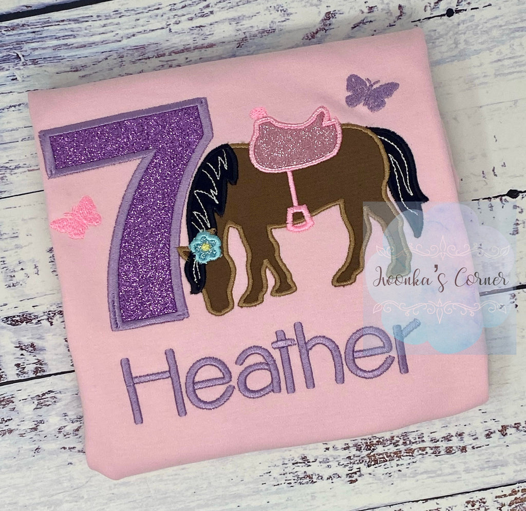Girl 7th Birthday Shirt With Brown Bay Horse, Birthday Shirt with Ponny and Saddle, Horse Embroidery Birthday Shirt