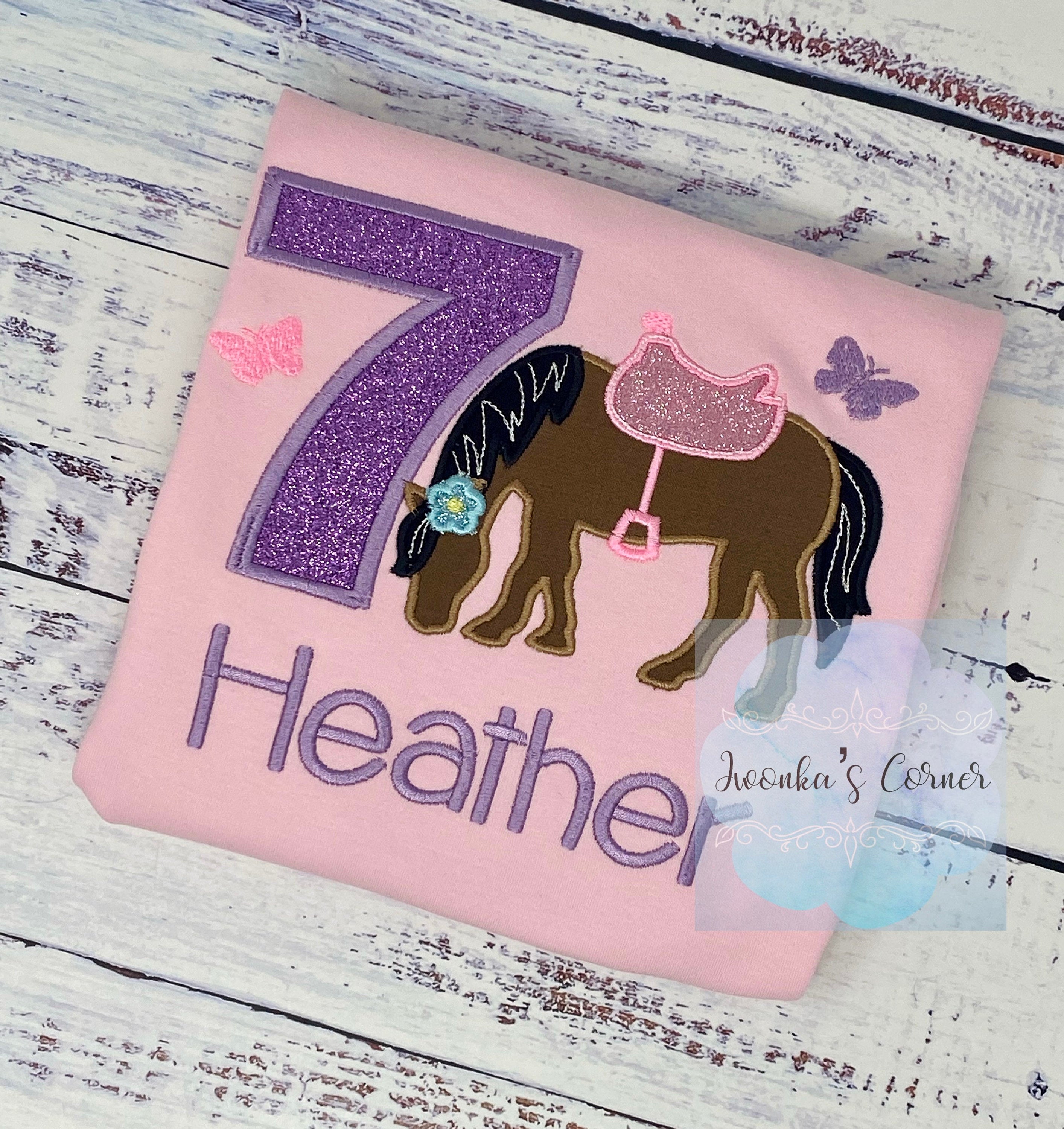 Girl 5th Birthday Shirt With Brown Bay Horse, Birthday Shirt with Ponny and Saddle, Horse Embroidery Birthday Shirt