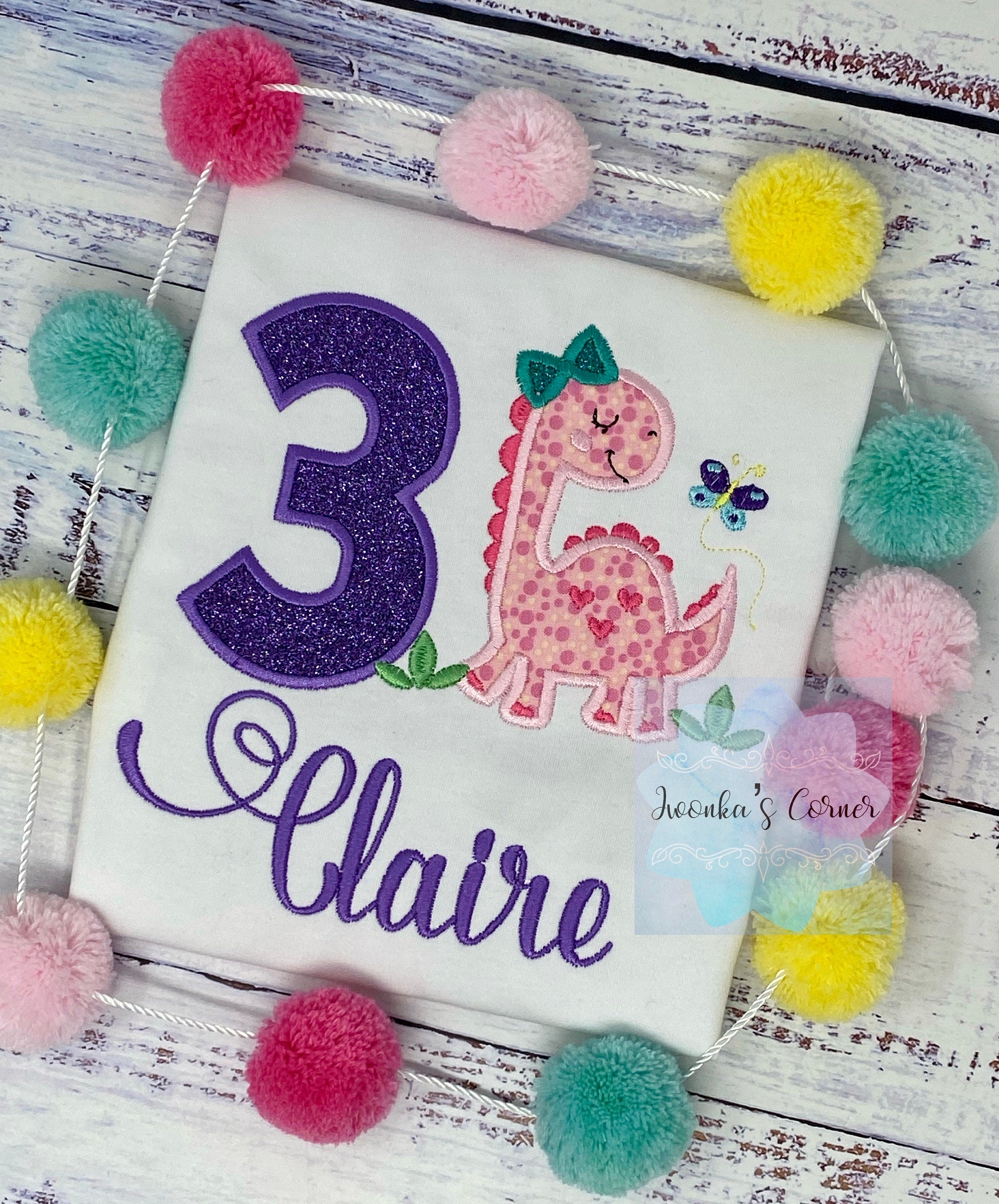 Girls Dinosaur Birthday Shirt, Applique and Embroidery Dino Shirt, Monogrammed T-shirt, Child's Birthday Shirt, Dinosaur Party Shirt