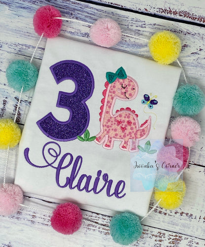 Girls Dinosaur Birthday Shirt, Applique and Embroidery Dino Shirt, Monogrammed T-shirt, Child's Birthday Shirt, Dinosaur Party Shirt
