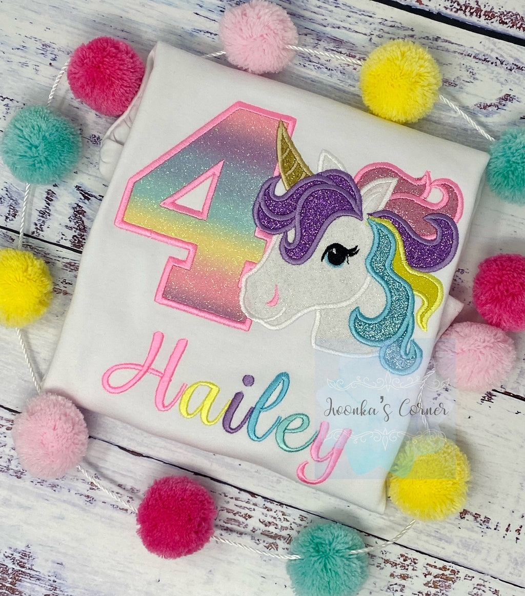 4th Birthday Pastel Unicorn Shirt, Girl Rainbow Pastel Unicorn Birthday, Gold Horn Unicorn birthday, Rainbow Unicorn, Unicorn embroidery
