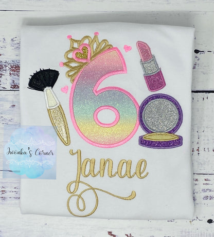 Girl 6th Birthday Shirt with Make up, Princess Birthday Shirt, Number with Tiara, Lipstick Powder Brush, Make up Birthday Party