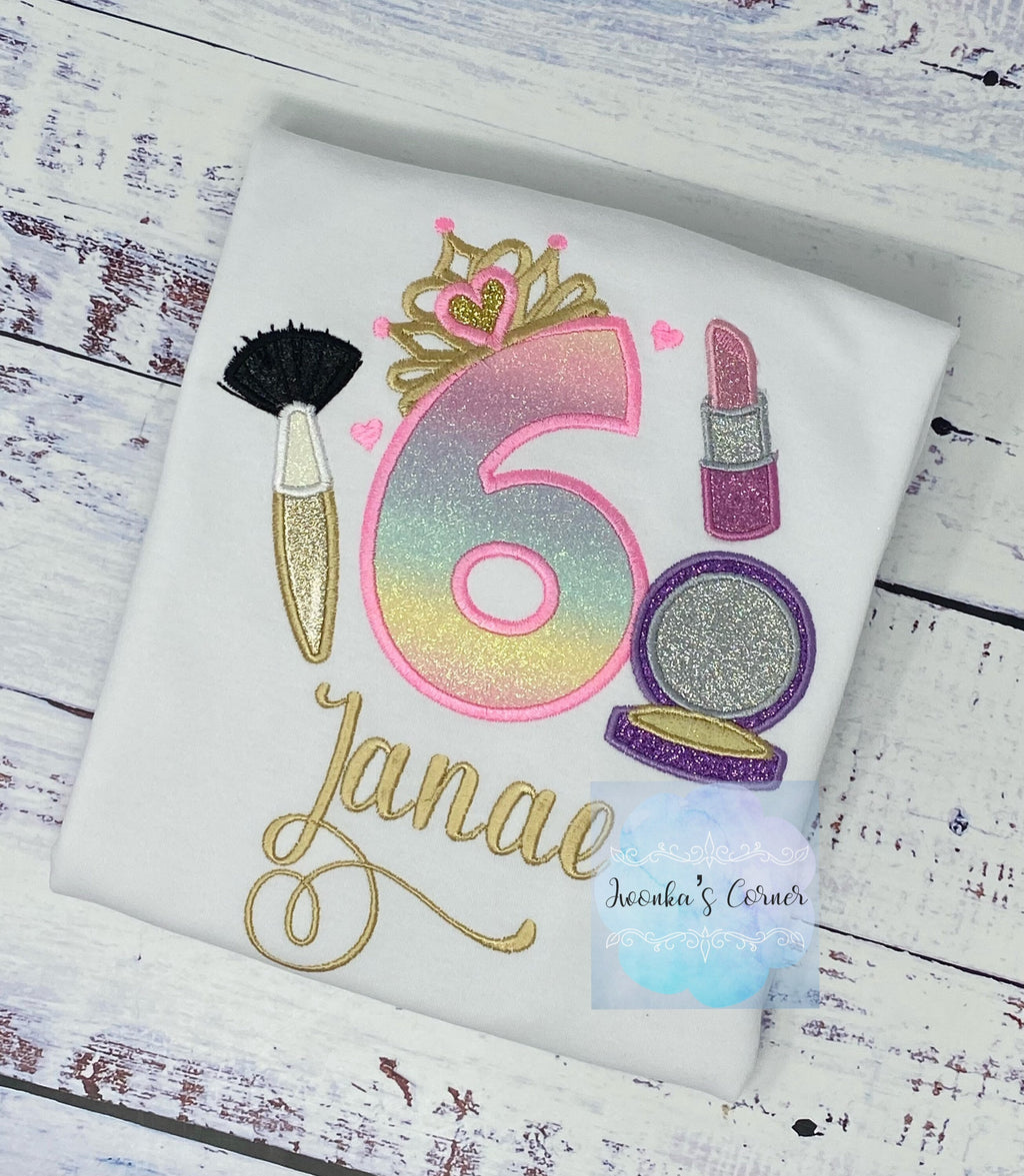 Girl 6th Birthday Shirt with Make up, Princess Birthday Shirt, Number with Tiara, Lipstick Powder Brush, Make up Birthday Party