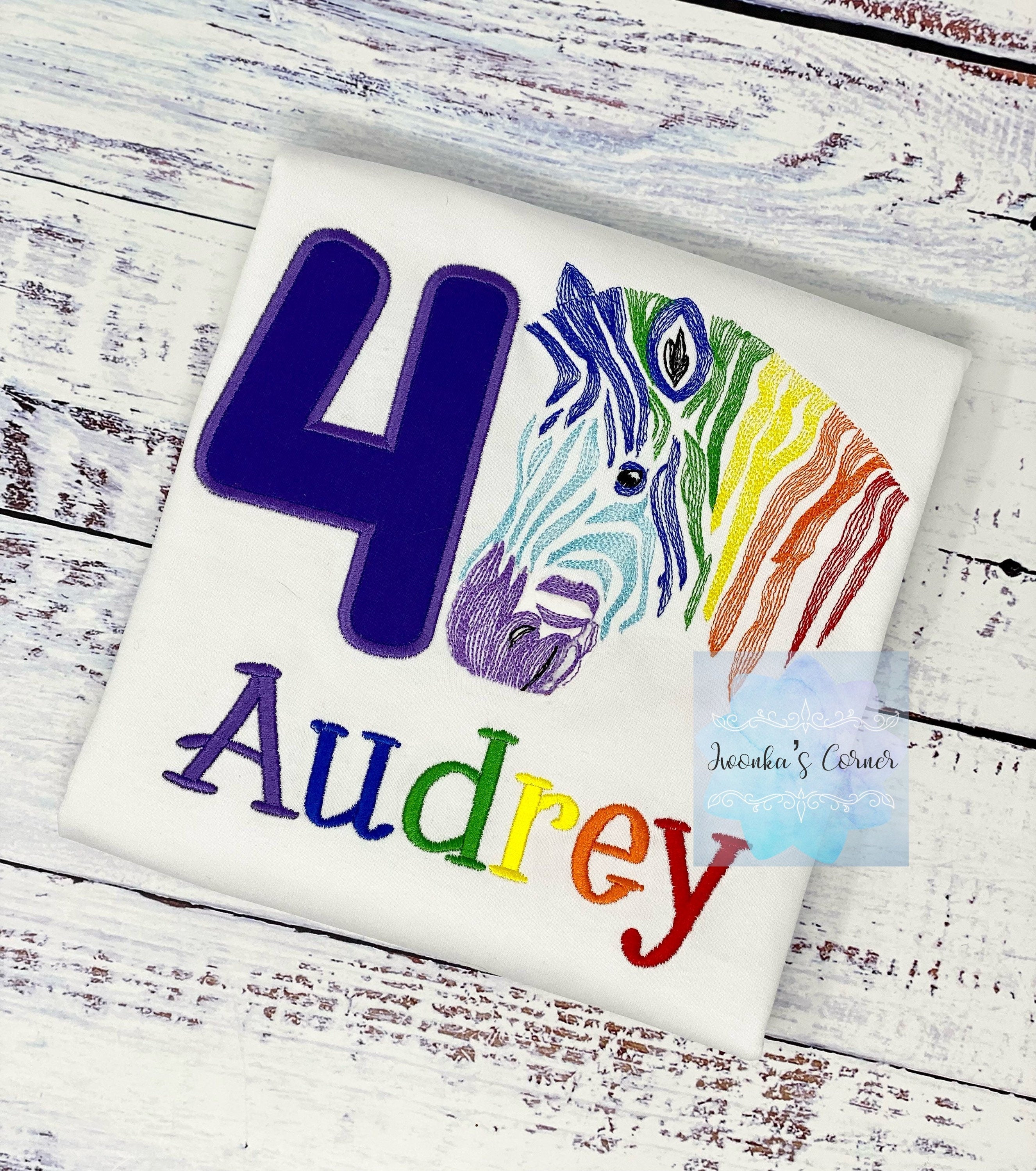 Girl 4th birthday rainbow zebra shirt, Embroidered Safari zebra t-shirt, Colorful rainbow zebra, Any age birthday tee