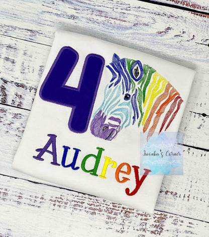Girl 4th birthday rainbow zebra shirt, Embroidered Safari zebra t-shirt, Colorful rainbow zebra, Any age birthday tee