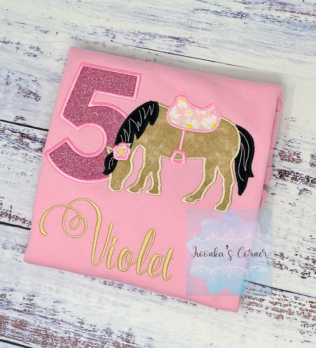 Girl 5th Birthday Shirt With Dun Horse, Birthday Tee with Ponny and Saddle, 4th, 6th 7th Horse Embroidery T-Shirt, Any Age