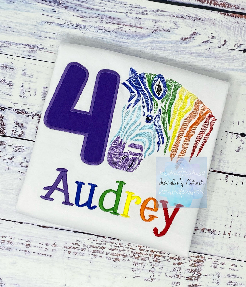 Girl 4th birthday rainbow zebra shirt, Embroidered Safari zebra t-shirt, Colorful rainbow zebra, Any age birthday tee