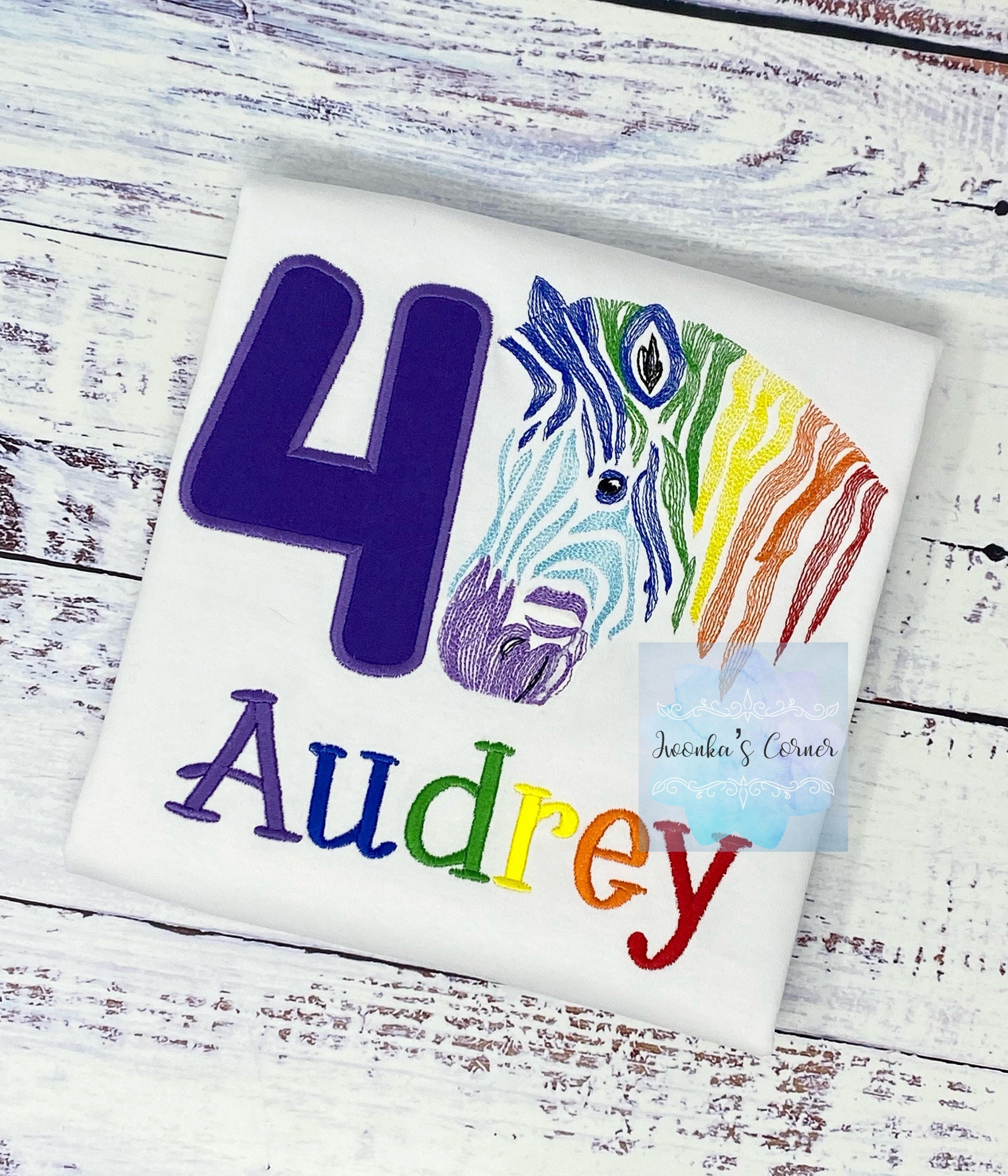 Girl 4th birthday rainbow zebra shirt, Embroidered Safari zebra t-shirt, Colorful rainbow zebra, Any age birthday tee