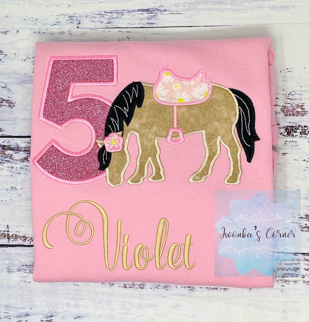 Girl 5th Birthday Shirt With Dun Horse, Birthday Tee with Ponny and Saddle, 4th, 6th 7th Horse Embroidery T-Shirt, Any Age