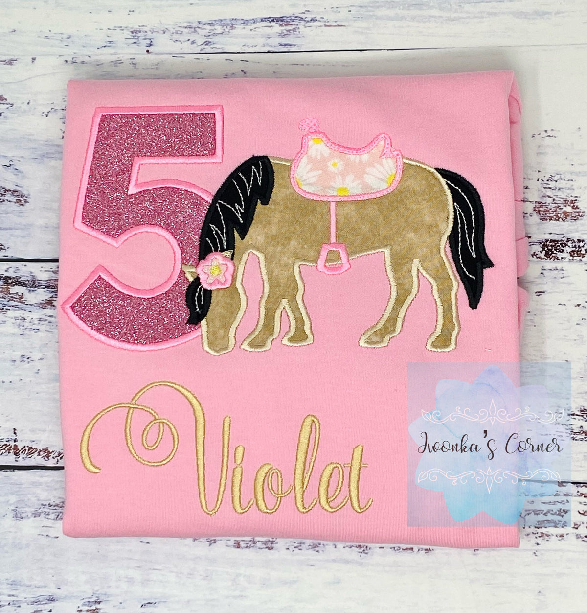 Girl 5th Birthday Shirt With Dun Horse, Birthday Tee with Ponny and Saddle, 4th, 6th 7th Horse Embroidery T-Shirt, Any Age
